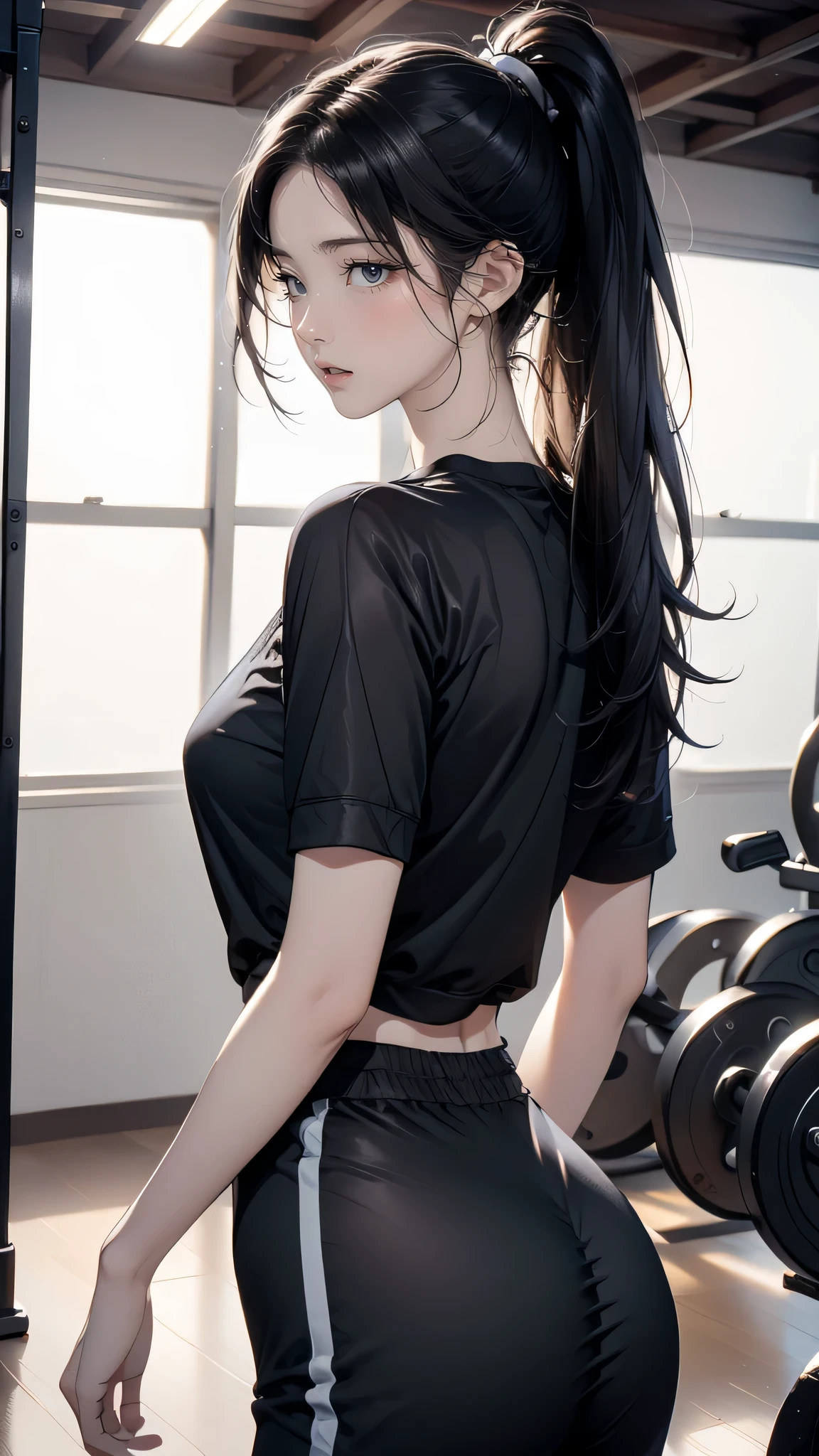 from behind,stretching,(Highest image quality,(8K),Ultra-realistic,Best Quality,High quality,High Definition,high quality texture,high detailing,Beautiful detailed,fine detailed,extremely details CG,Detailed texture,realistic representation of face,presence),gym uniform