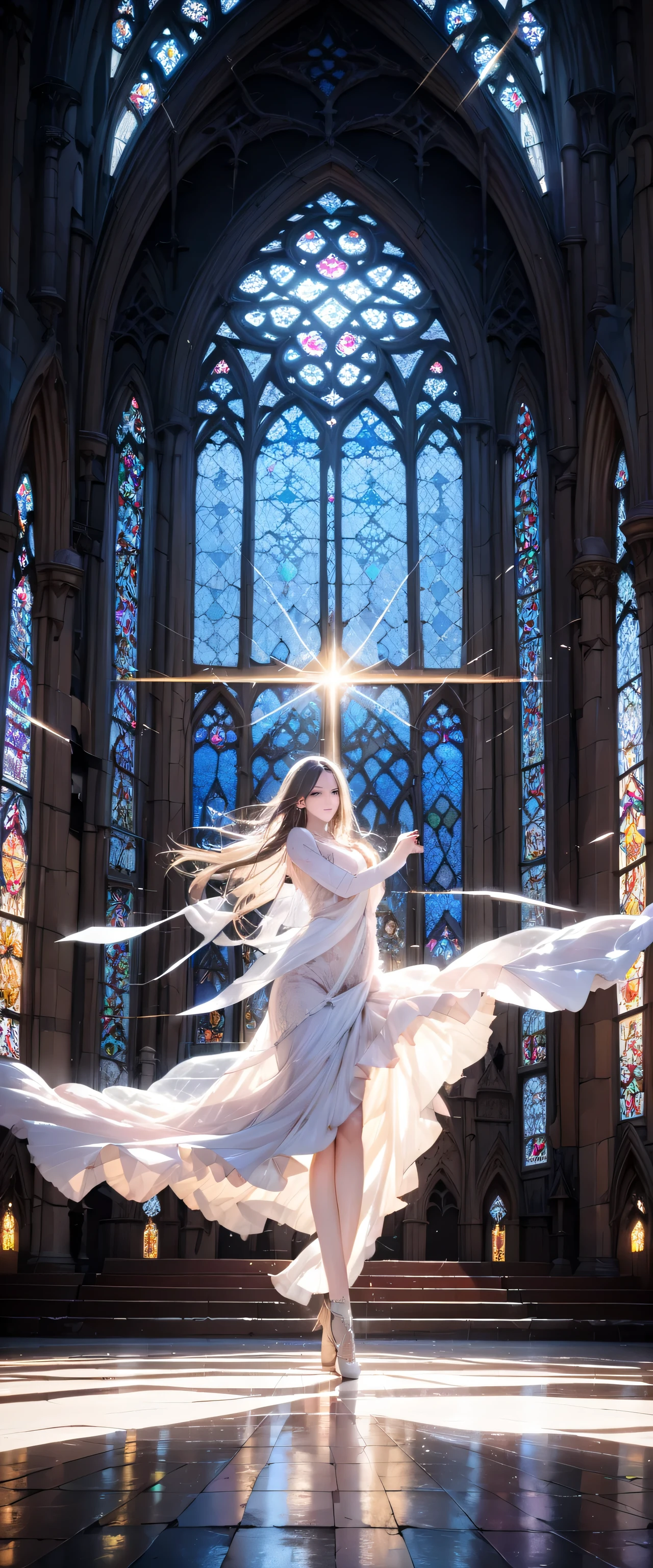 (Close-up:1.4)、(RAW photo:1.2)、(photorealistic:1.4)、(masterpiece:1.3)、(highest quality:1.4)、Huge stained glass、Huge Gothic church、(A beautiful angel dances like a god:1.3)、Very shining、illumination、light shines、