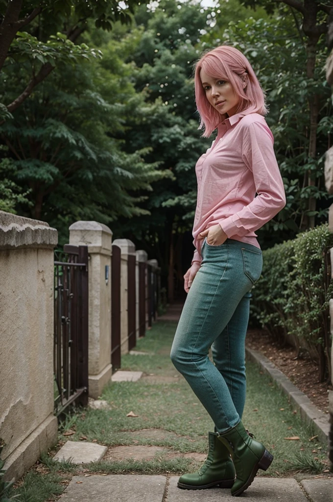 A beautiful 35 year old woman, pink hair, green shirt, black ankle boots, full body shot
