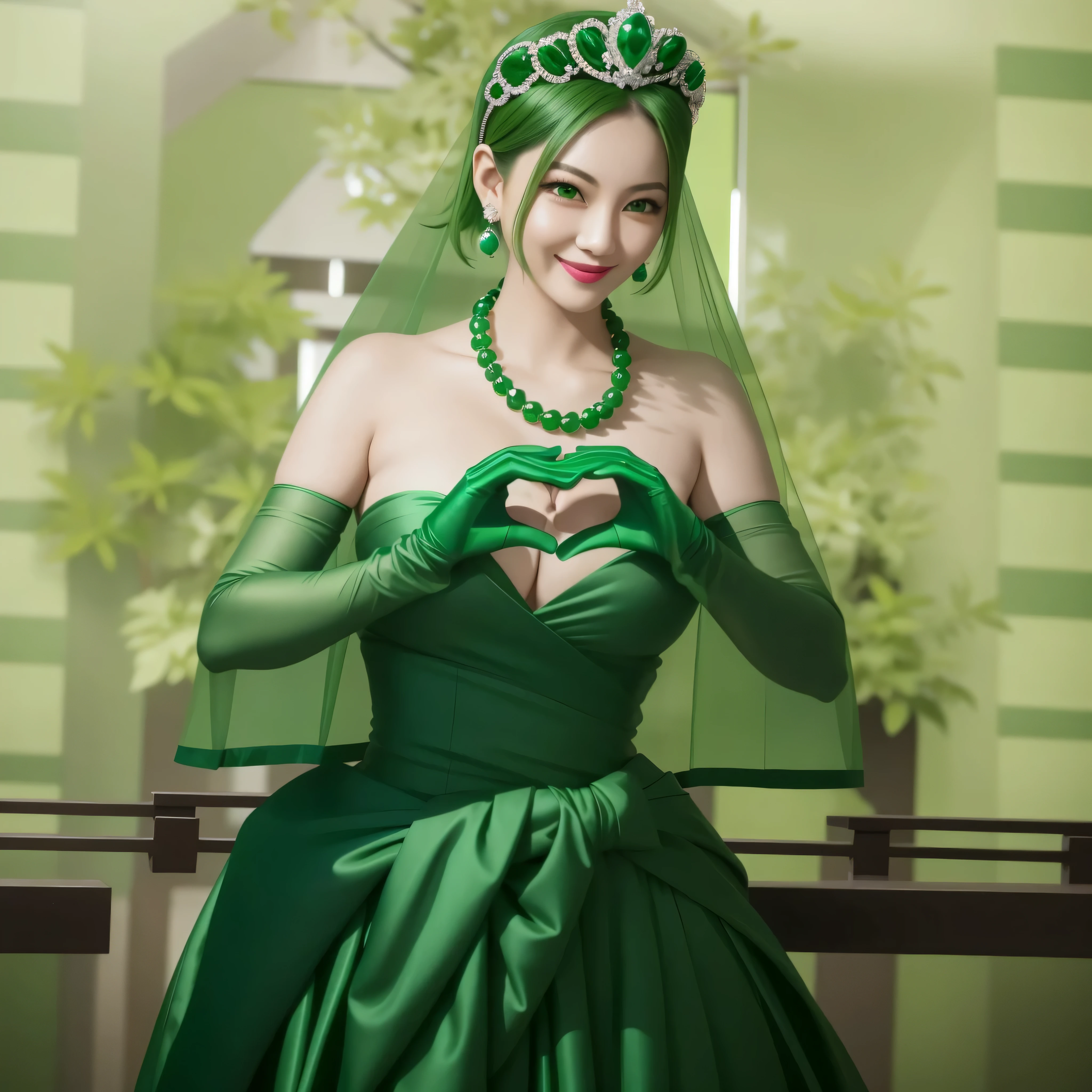 emerald tiara, green pearl necklace, boyish very short green hair, green lips, smiling Japanese woman, very short hair, Beautiful woman with big breasts, green eyes, green satin long gloves, green eyes, emerald earrings, green veil, Heart with both hands, green hair, beautiful japanese woman, heart shaped hands:1.3, green lip gloss