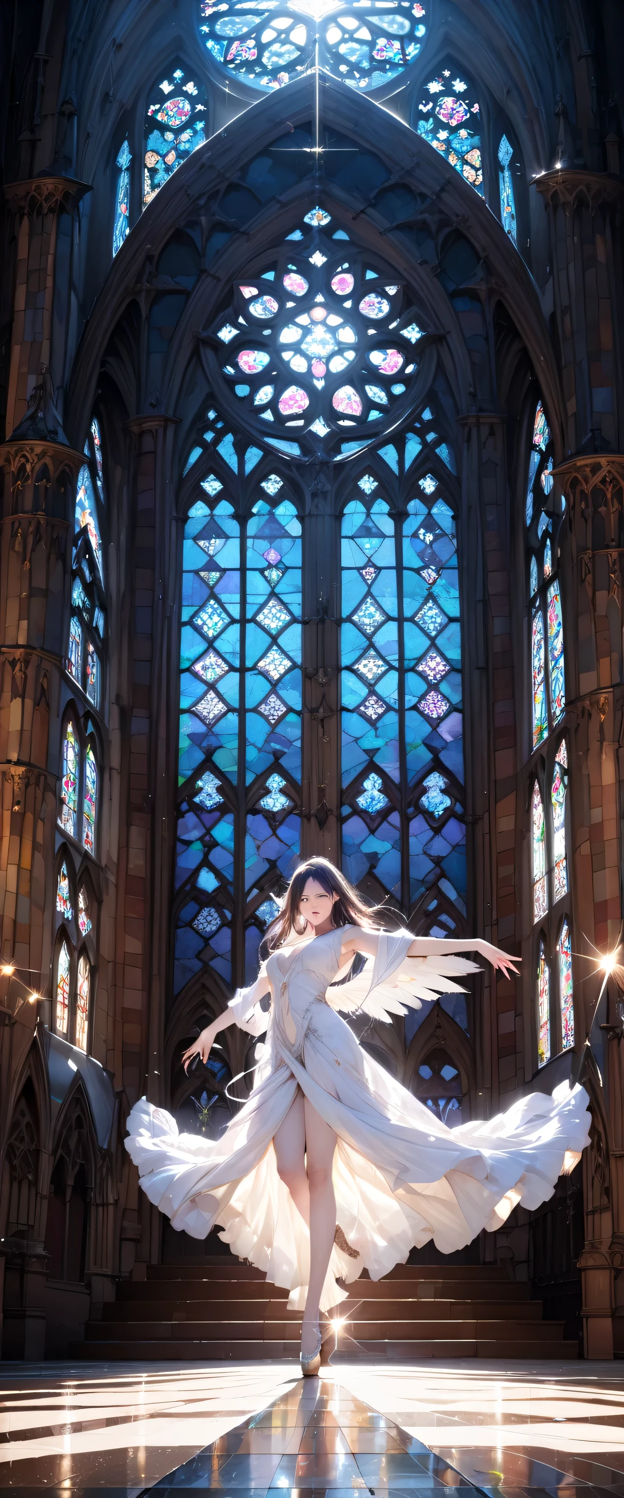 (Close-up:1.4)、(RAW photo:1.2)、(photorealistic:1.4)、(masterpiece:1.3)、(highest quality:1.4)、Huge stained glass、Huge Gothic church、(A beautiful angel dances like a god:1.3)、Very shining、illumination、light shines、