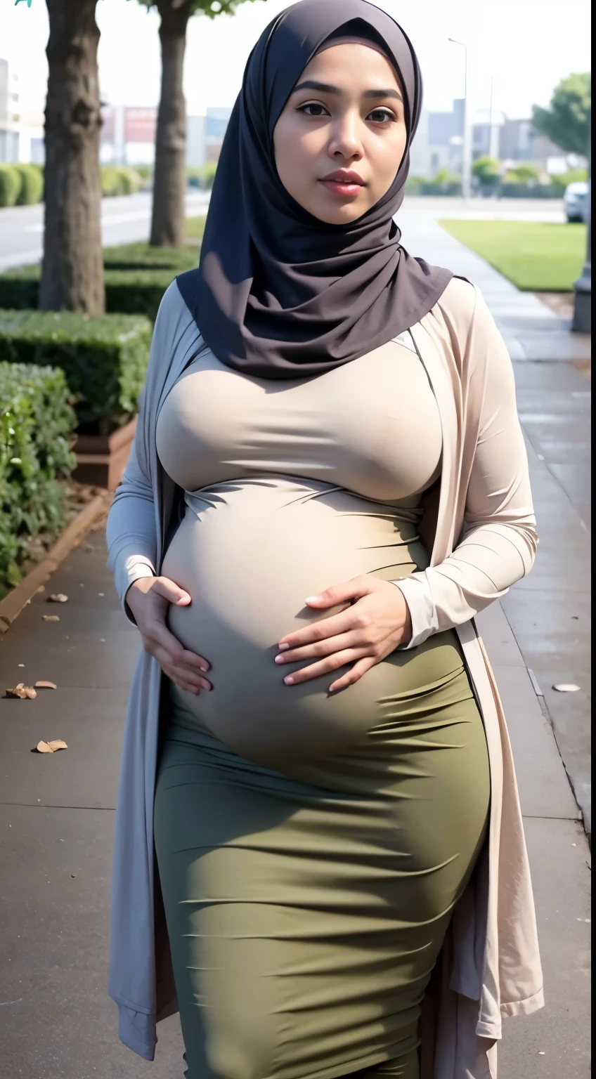 1 Malay girl, modern plain hijab, shy, medium portrait, watery eyes, RAW, Best quality, high resolution, masterpiece: 1.3), beautiful Malay woman in hijab (iu:0.8),((big breast)), ((huge pregnant)), perfect nose,perfect lips, perfect eyes, detail :1.2), soft smile, standing in the park, big breast, full body photo, wearing simple tight clothes, jean, full body length, full body length shot, hijab, full body wide shot, full body portrait, full body ;, full height, olive green, full photogenic photo body, clothing photos, profile photos