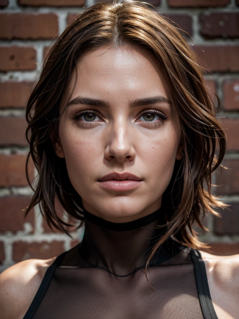 hyperrealism, (photorealistic:1.2), (photorealistic light:1.3), masterpiece, best quality, perfect detail, professional photo, realistic photo, raw photo, realistic style, detailed face, Katie Price, black transparent bodysuit, posing brick wall, looking at viewer, morning, soft lighting