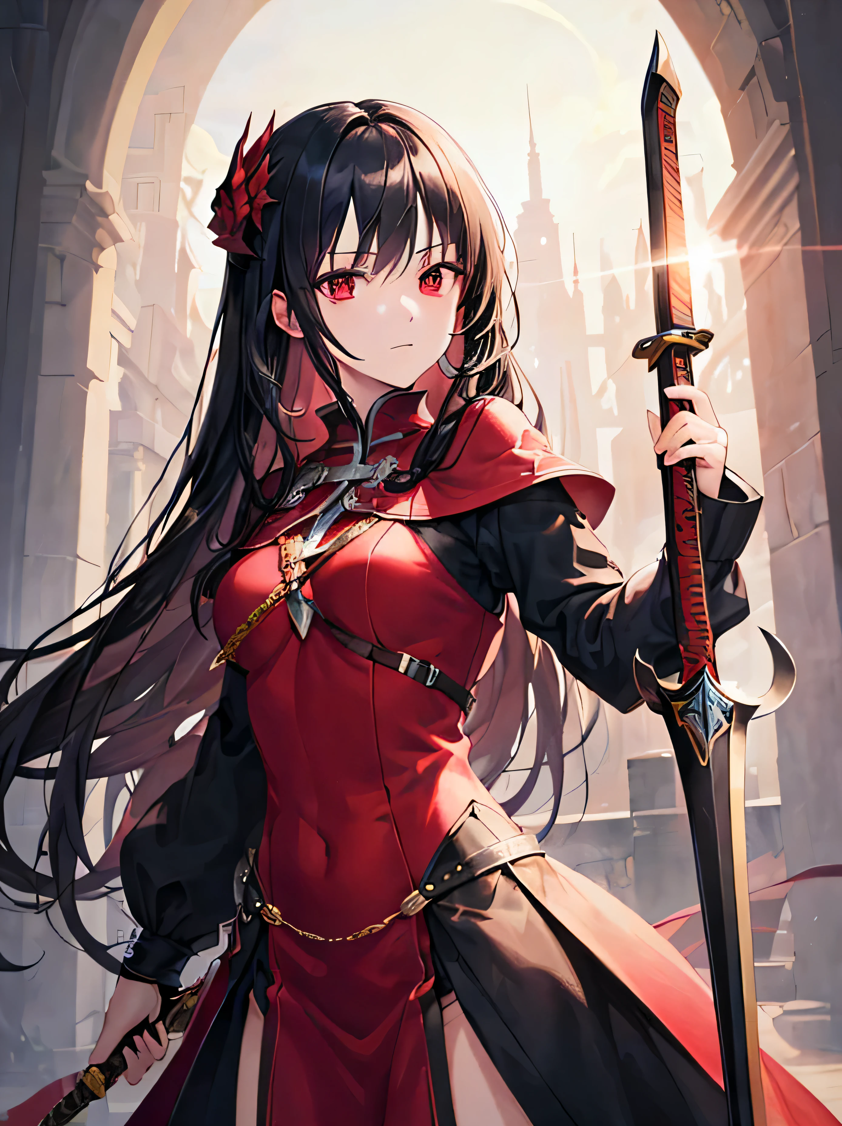 ((best quality)), ((masterpiece)), (detailed), perfect face, Long black hair, red eyes, holding a sword, far away from viewer, good lighting 