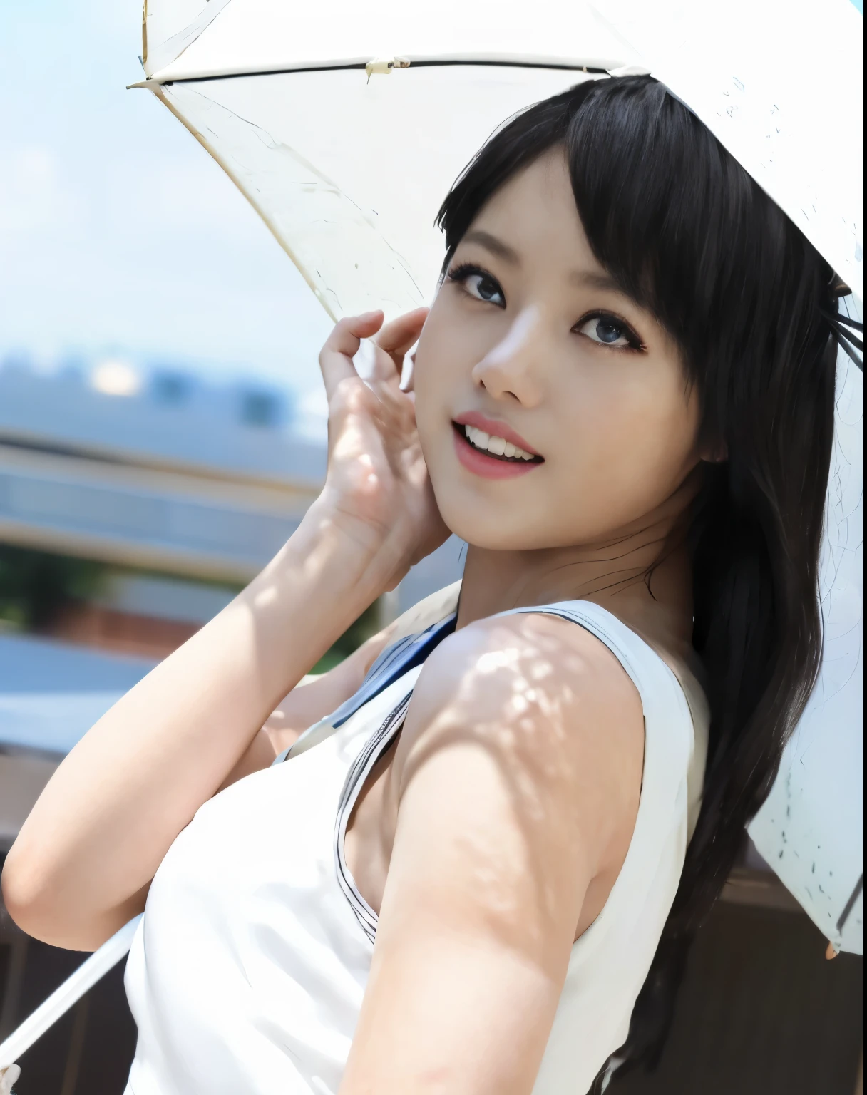 (dark photo、unity、8k wallpaper)、(very delicate and beautiful)、(masterpiece)、(highest quality:1.2)、(超A high resolution:1.3)、(beautiful realistic asian),beautiful lighting、perfect lightning、realistic shadow、fine skin、Super detailed、detailed face and eyes、realistic eyes、sharp pupils、Huge , inside the classroom、School、sunset、beautiful face、blurred background、(japanese woman)、shiny skin、side up、美しいblack hair、dull bangs、Japan High School Sailor Uniform、pleated mini skirt、gentle smile, ((table top, highest quality)), (shiny skin), cinematic lighting, Physically based rendering, award-winning, highly detailed skin, highly detailed face, Beautiful eyes in every detail, Carl Zeiss 85mm F/1.4, (Standing position), (cumin , on the chest and thighs), she&#39;she&#39;To a very cute 16 year old , (black hair, straight long hair, open your eyes, blush), big cleavage, (sailor blouse, Pull up the pleated skirt yourself:1.3), watching from a distance, (navy knee socks, thigh focus),art by、 