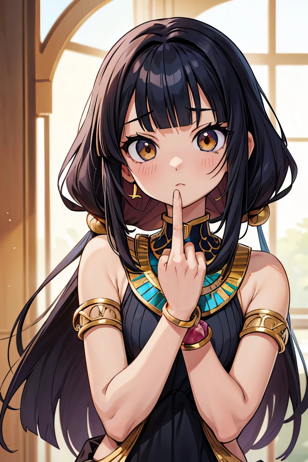 (Anime:1.3), (Healthy skin), (Fine gemstone bracelets), (Asymmetric bangs:1.3), Very pretty Egyptian girl, middle finger, Hold up the middle finger of right hand.