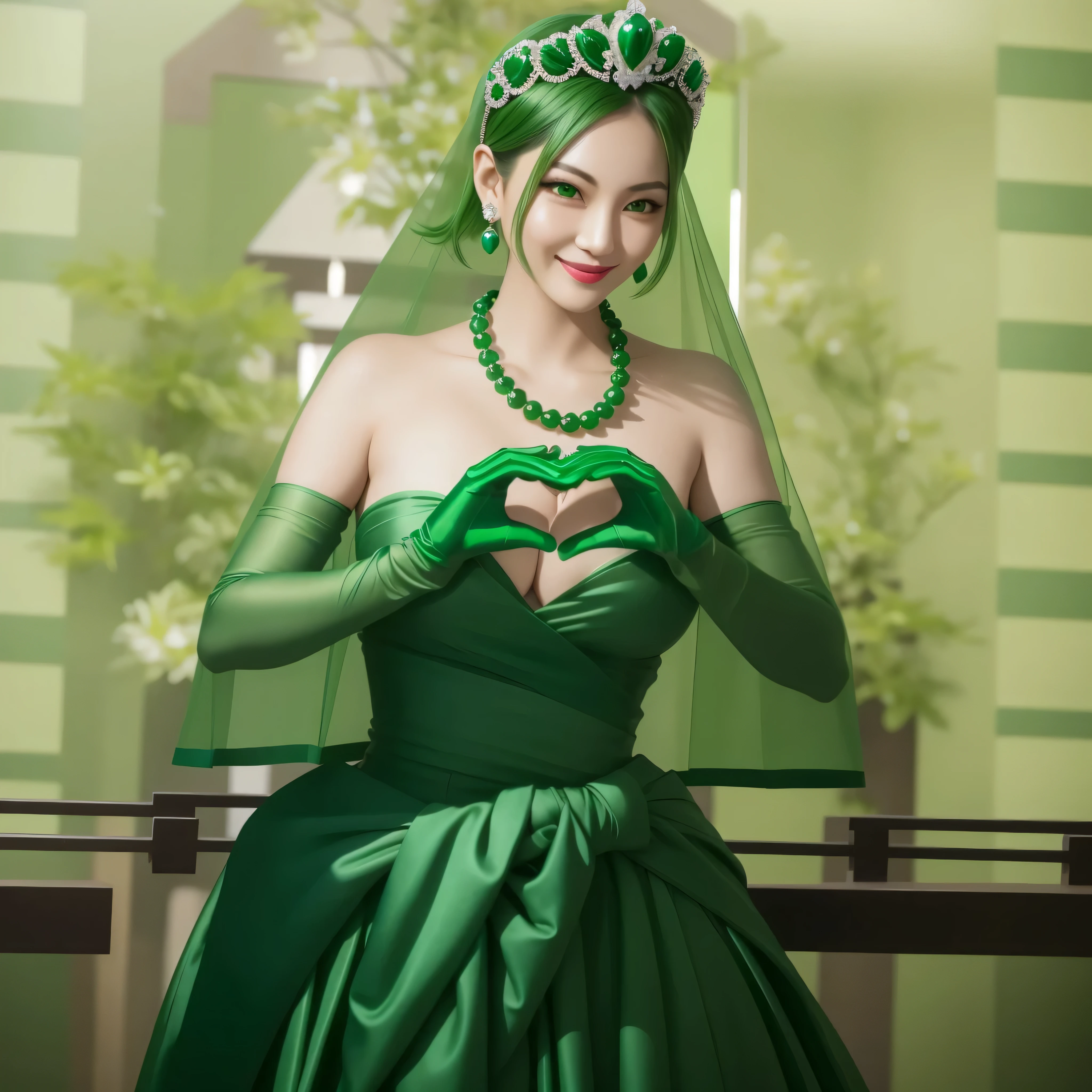 emerald tiara, green pearl necklace, boyish very short green hair, green lips, smiling Japanese woman, very short hair, Beautiful woman with big breasts, green eyes, green satin long gloves, green eyes, emerald earrings, green veil, Heart with both hands, green hair, beautiful japanese woman, heart shaped hands:1.3, green lip gloss