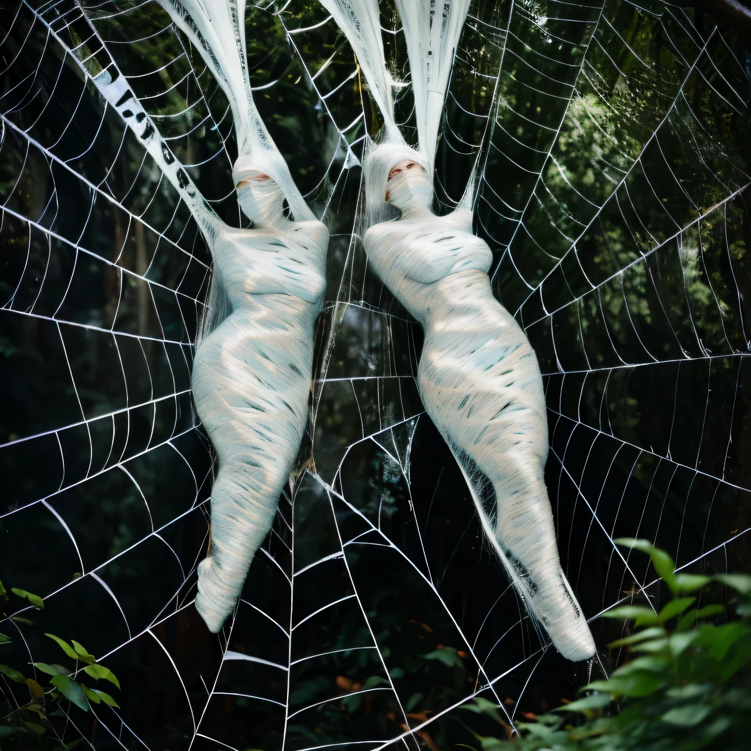 a girl completely entangled in the spider's web,cocoon,cocoons around her