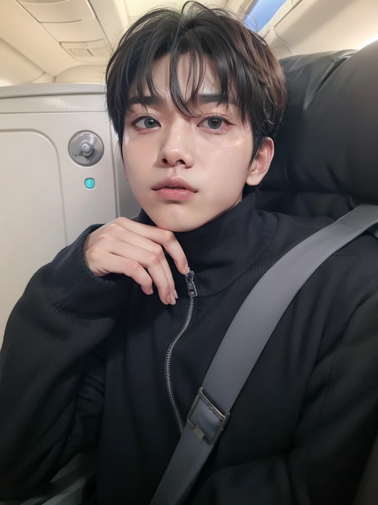 arafed man in a black sweater sitting on a seat in an airplane, kim doyoung, jinyoung shin, Cai Xu Kun, kim taejin, hyung tae, jungkook, pintar ulzzang, sakimichan, quien es siwoo, foto de perfil en la cabeza, Hong June Hyung, hombre surcoreano, 🚿🗝📝, Shin Jeongho, Jung Jaehyun