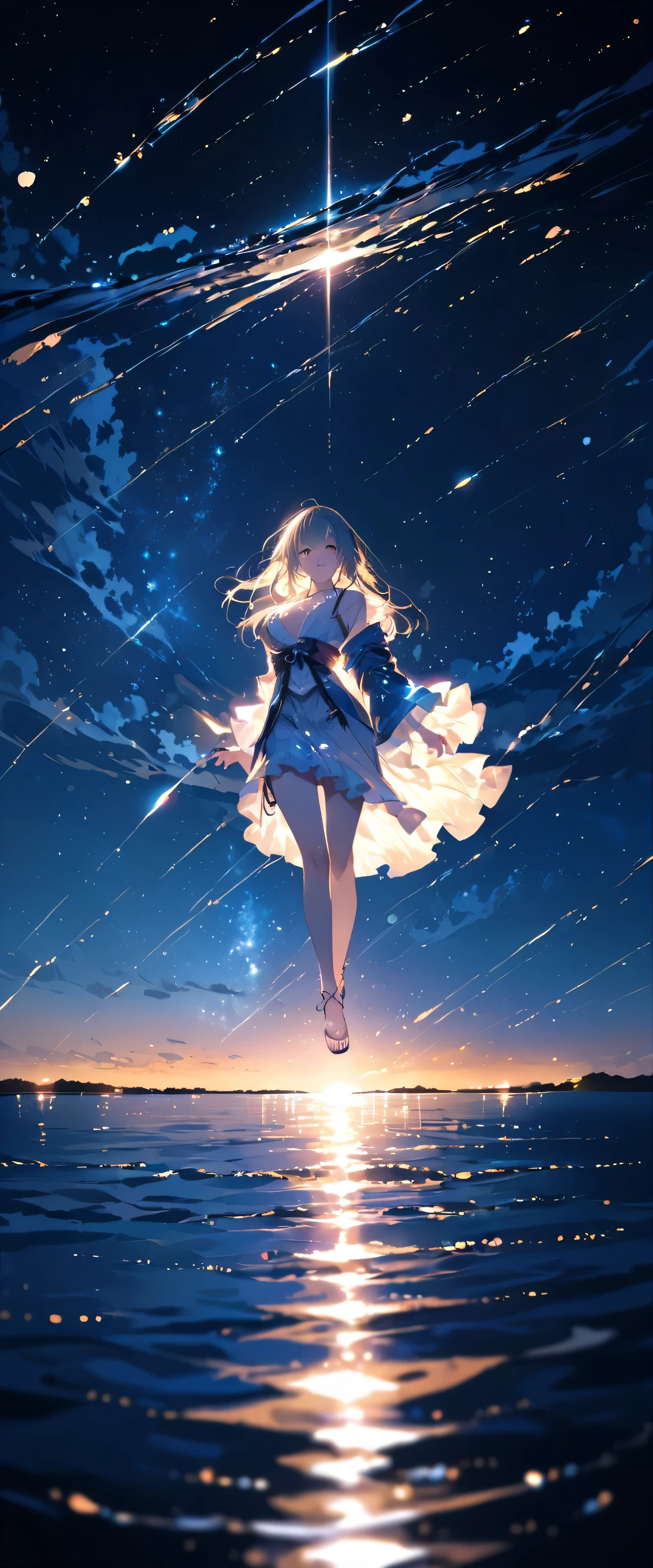 (Close-up:1.4)、(RAW photo:1.2)、(photorealistic:1.4)、(masterpiece:1.3)、(highest quality:1.4)、japanese girl、(night scenery:1.2)、thin clothes、pretty girl、Put one foot in the sea、standing on tiptoe、Landscape、Between the horizon and the sea、view from the side、Ripples spreading from the toes、Standing about 20 meters away、on the sea、The whole scene shineeteors、illumination、