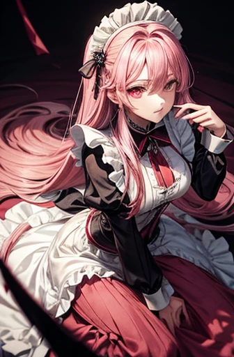 A glamorous woman with long, unkempt pink hair and red eyes wearing a maid's uniform No expression