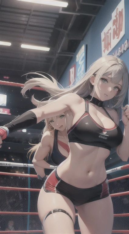 two women wrestling, two women fighting, wrestling ring, 最high quality、best image quality、masterpiece、Ladies in their early 20s、bikini、big breasts ,finding、sweating、scattering sweat、fitness、、fighting pose, high quality、beautiful art、With background((night club))