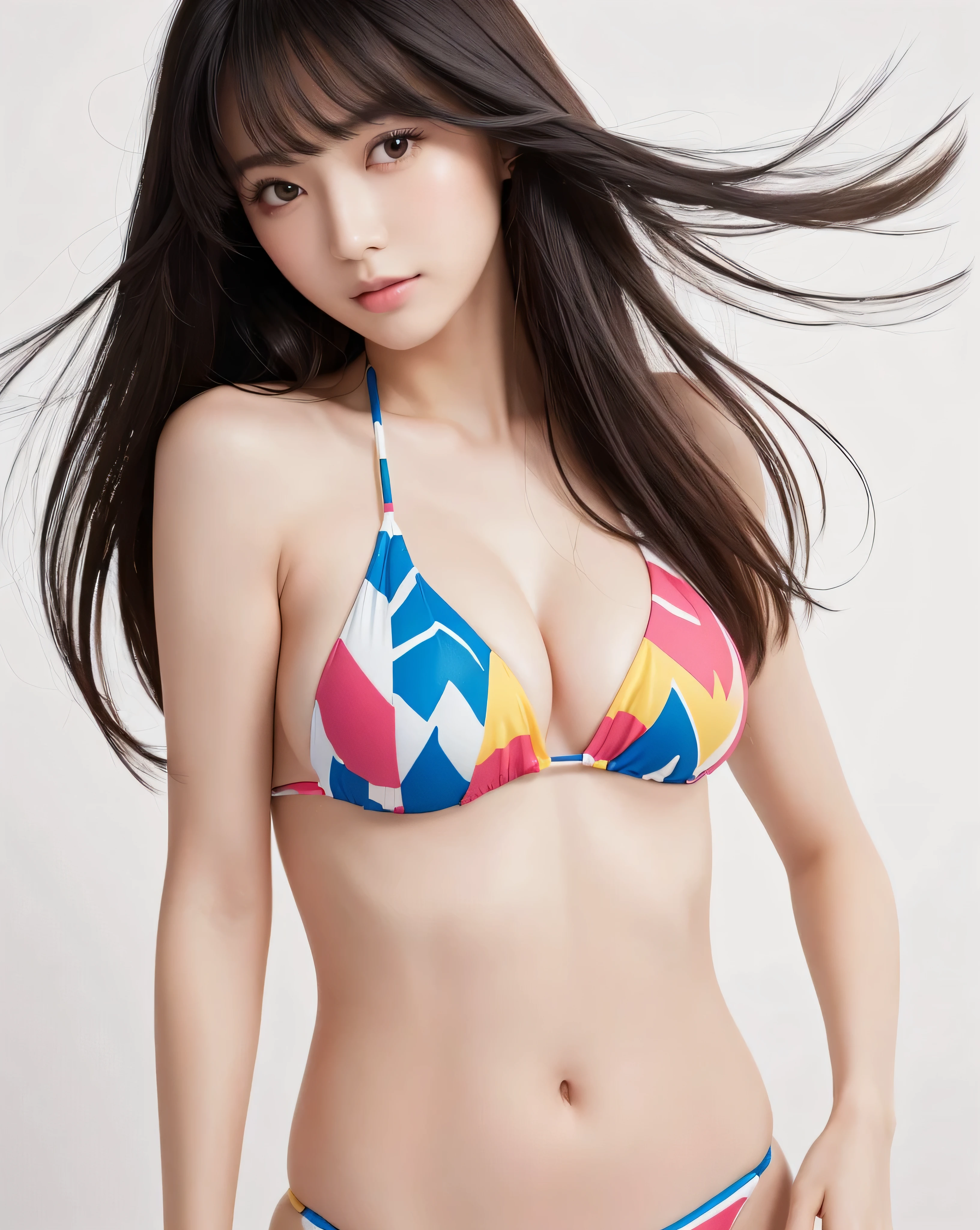 (highest quality, 32k, High resolution, masterpiece:1.5), beautiful japanese girl, whole body, very beautiful face, perfect human anatomy, Beautiful glossy black hair, Perfectly styled super straight long hair, Asymmetrical long bangs, hair between eyes, big magic eyes, smooth soft skin, pale pink lips, natural makeup, cheek gloss highlight, small face beauty, gentle smile, ((A high-quality bikini with colorful painted patterns)), perfect collarbone, High resolutionの美しい胸元, Slender body and large bust, High resolutionの美しい太もも, beautiful feet, ((pure white background)), soft sunlight, professional lighting, professional photographer, Professional Model