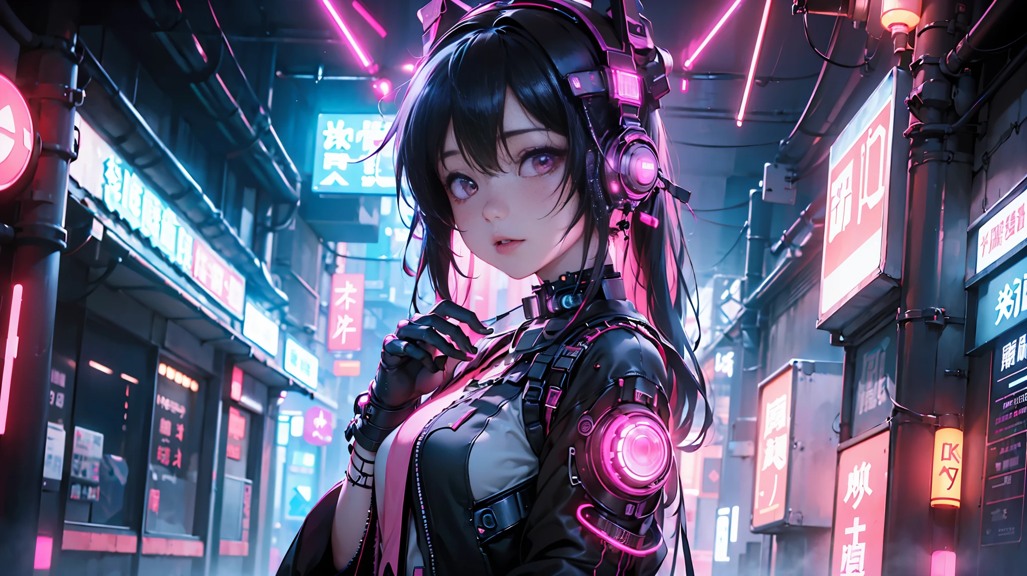 1 girl solo, perfection_hand, (8K, Raw photo, highest quality, masterpiece:1.2), (cyber punk, photo-cyber punkな:1.4), (extremely detailed CG unity 8K wallpaper),full body, (neon light:1.2), Pink light headphones, Hanfu, Chinese service, dress,Close-up face