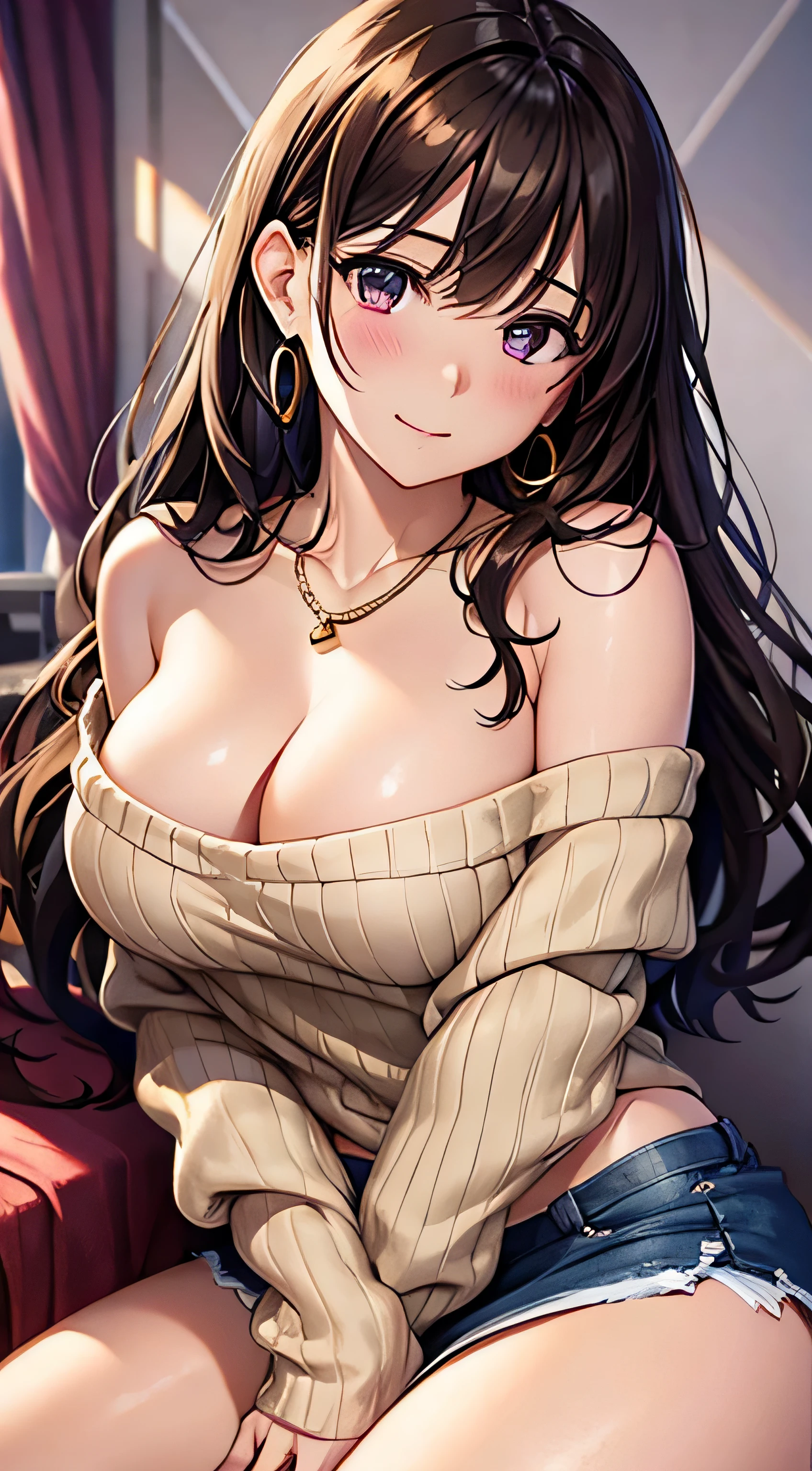 (table top, highest quality, High resolution, , perfect pixel, 4k,), 1 girl, single, alone, Beautiful woman、I could see the whole body、 ((wavy middle hair, bangs, brown hair)), ((brown eyes, beautiful eyelashes, realistic eyes)), ((detailed face, blush:1.2)), ((smooth texture:0.75, realistic texture:0.65, realistic:1.1, Anime CG style)), medium breasts, dynamic angle, perfect body, ((, beige off shoulder sweater、Tight denim skirt、black stockings、cute necklace、earrings、)), upper grade、shy smile、Luxury hotel room、sleep on your back in bed、((open legs))、angle from below、Put your arms together to accentuate your cleavage、、((Pink lace panties are visible))、