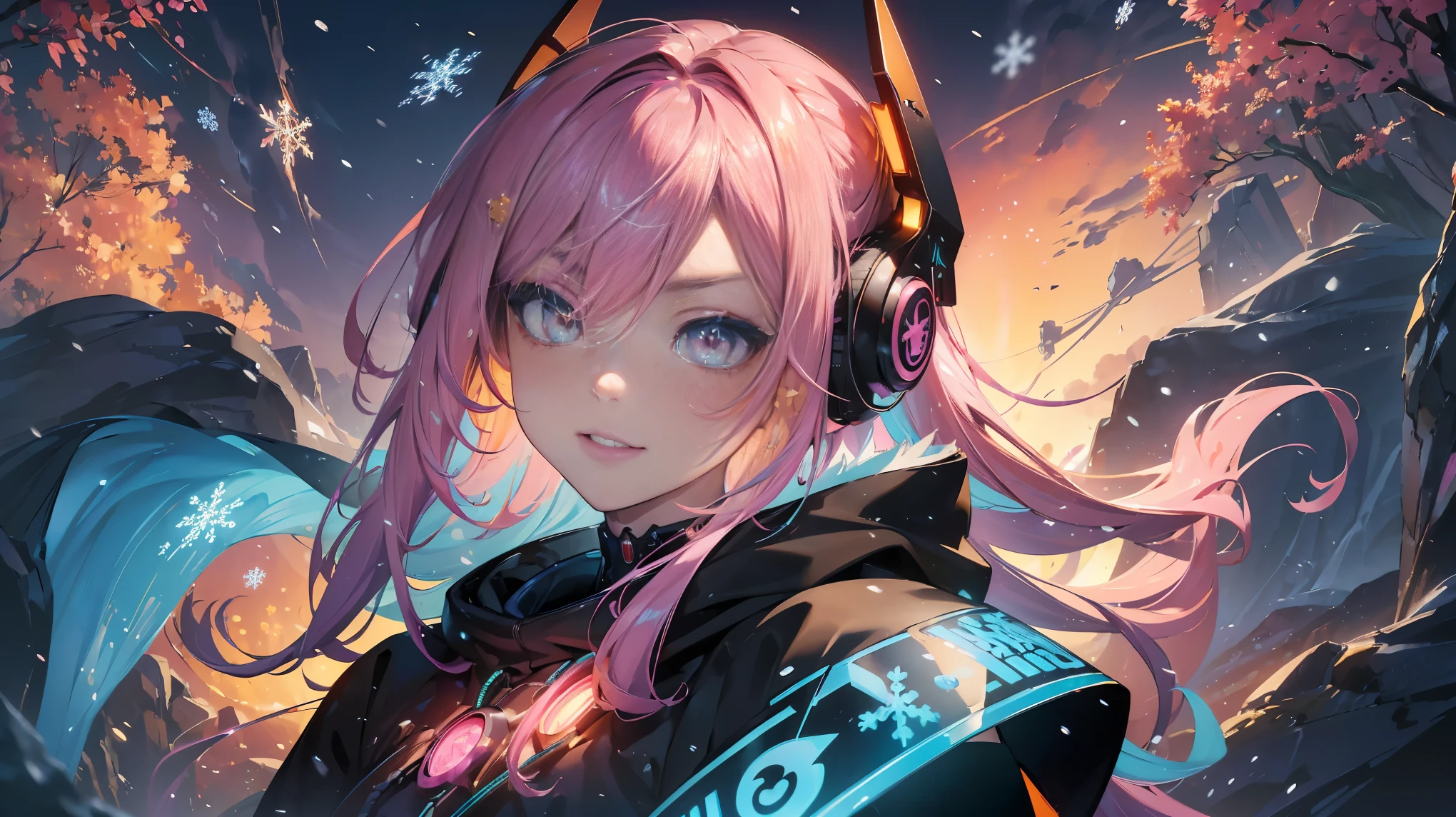 masterpiece, highest quality, 1 girl, fearless smile, ((cyber punkな背景)), (it's snowing) (( swirling vortex colorful hair)), cyber punk、Wear a black hoodie, Glowing blue headphones、((long hair)), ((Right side)), Emotional faces, close, studio light, studio, (((Make up Portrait, Pink Eyeshadow))), ((There are many golden and orange swirls、The face has colorful snowflakes and feathers),,Close-up face
