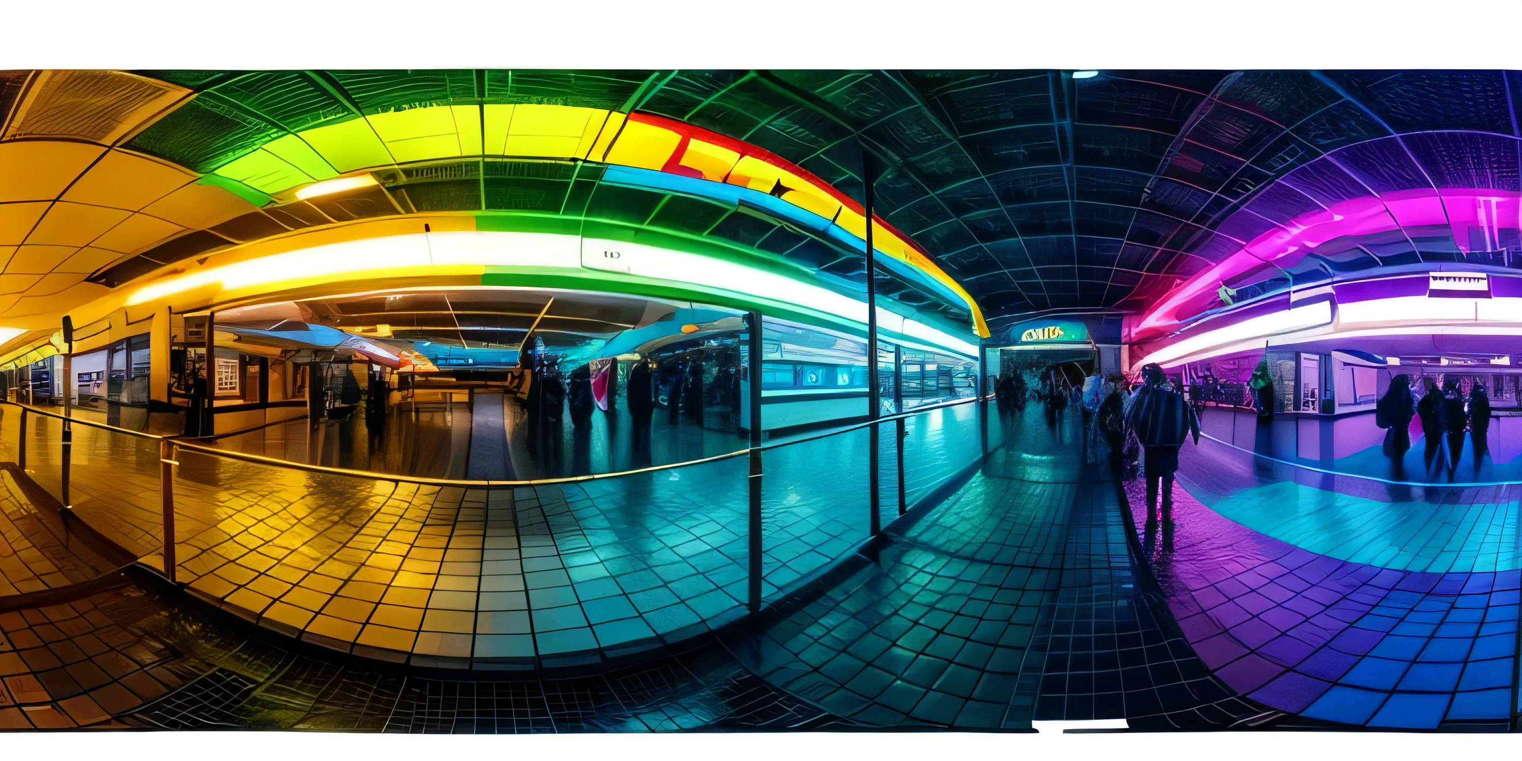 Tourist attraction eletronic, with colorful colors, in a clean space like a square, 360° panorama image, the edges must fit like a 360° image looper