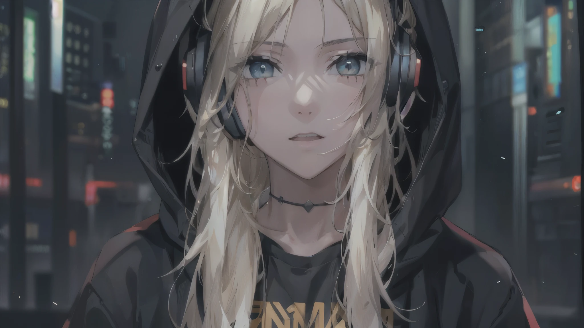 golden eyes、cyberpunk city、medium long hair、wearing cool headphones,{{{{{{{{ black hoodie oversized }}}}}}}},beautiful and delicate golden eyes,thought,black clothes,
