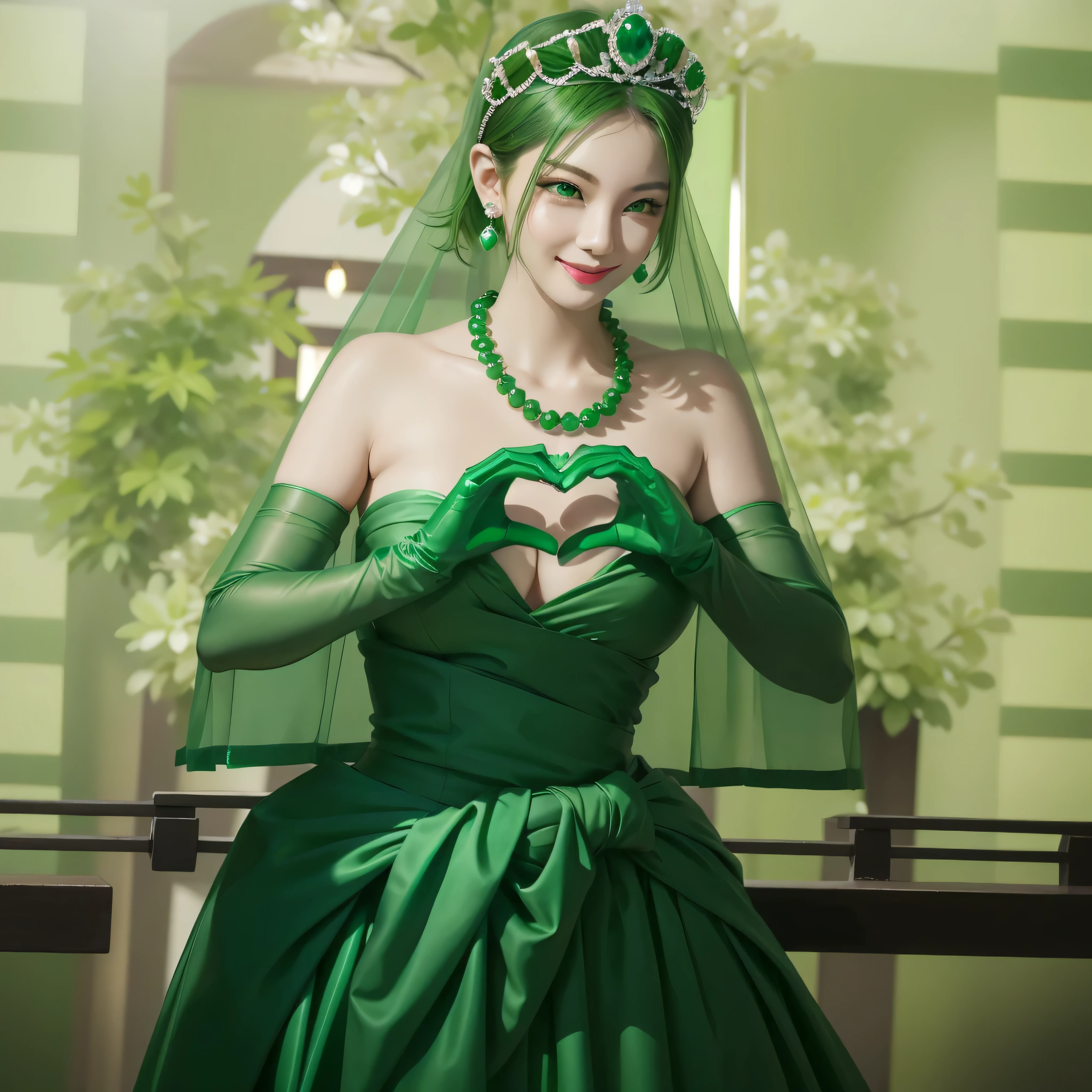 emerald tiara, green pearl necklace, boyish very short green hair, green lips, smiling Japanese woman, very short hair, Beautiful woman with big breasts, green eyes, green satin long gloves, green eyes, emerald earrings, green veil, Heart with both hands, green hair, beautiful japanese woman, heart shaped hands:1.3, green lip gloss
