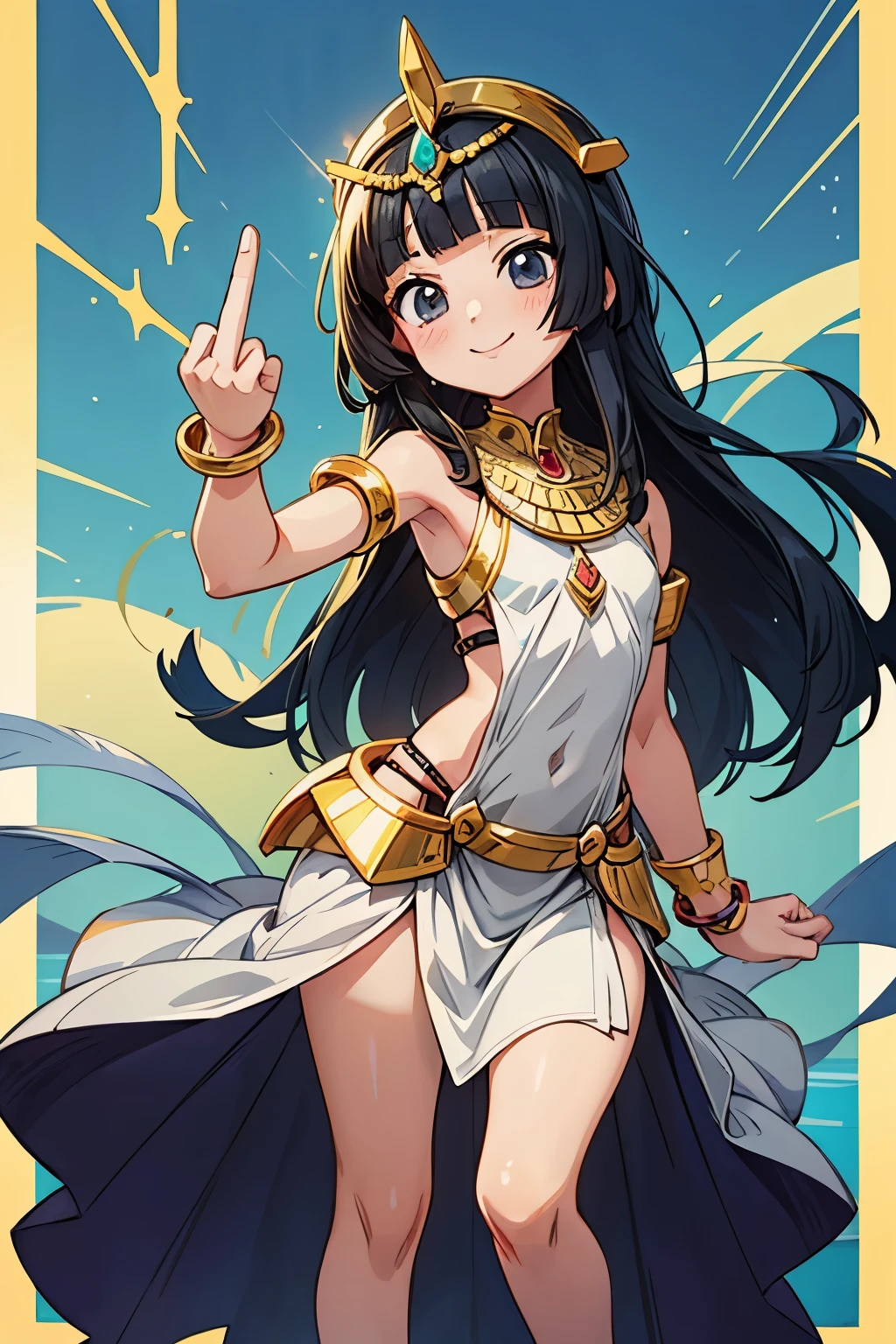 (Anime:1.3), (Healthy skin), (Fine gemstone bracelets), (Asymmetric bangs:1.3), Very pretty Egyptian girl, naughty smile, Hold up the middle finger of right hand.