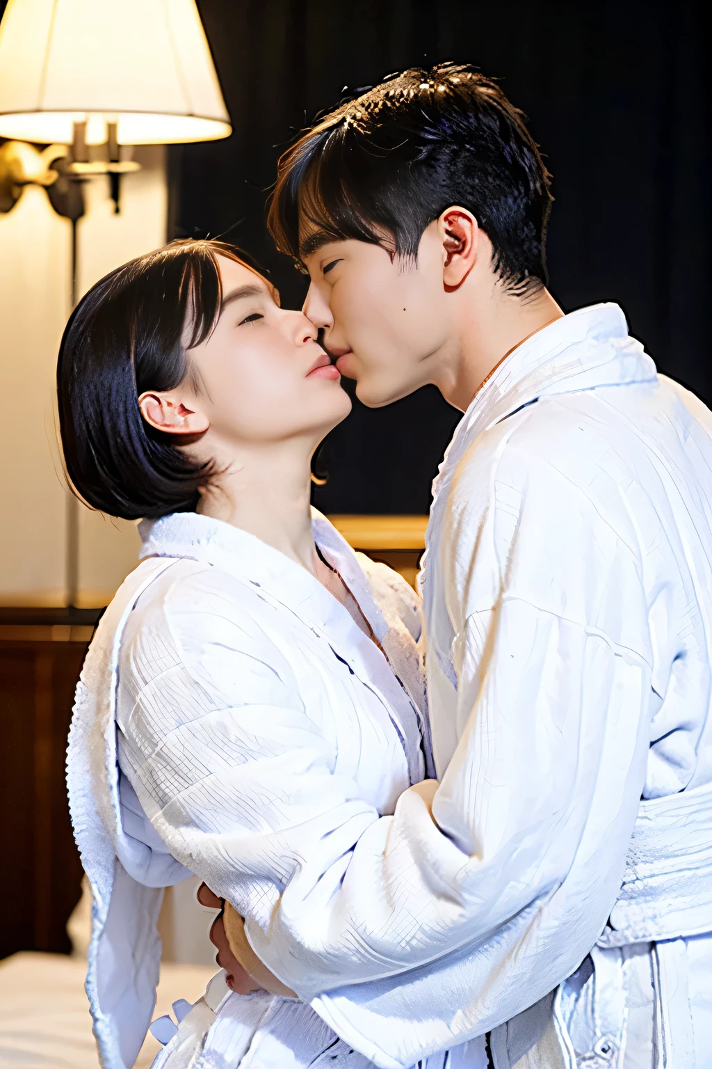 ((A middle-aged man is kissing a girl:1.4))、Open your eyes and tilt your head back、stand and hug each other、better quality, movie stills, 1. Muller、((girl with short cut hair:1.4))、((The girl is wearing a white bathrobe:1.4))、((18 year old girl:1.4))、((Middle-aged man wearing a white bathrobe:1.4))、kiss, quarto red, At the bed, close, bright, sensual, romantic, dim and warm lighting, red, Moonlit Sky, (spark: 0,7) , ((kiss))