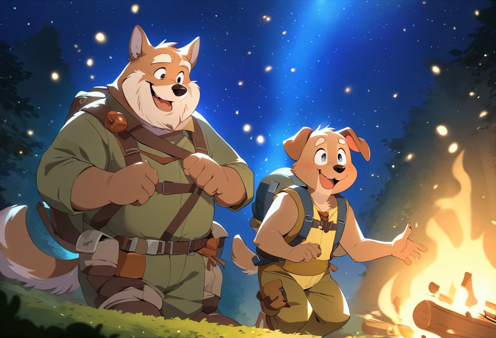 anthro, kemono, male, duo, ((round face, very plump face, thick beard)), ((endomorph body type, old-aged)), ((adventure costume:1.5)), ((domestic dog, dog) fluffy fur, fluffy), (at magical forest), (nighttime), (camping with his grandson, enjoy the nightsky), campfire, fireflies, particle lighting, detailed background, (high quality, highres, masterpiece), (dynamic lighting, vivid color), (happy, joyful, enjoyablelift-eyebrow), wholesome scene, (dynamic pose), cartoon, (animaginexl:1.3), (low-angle view:1.1)