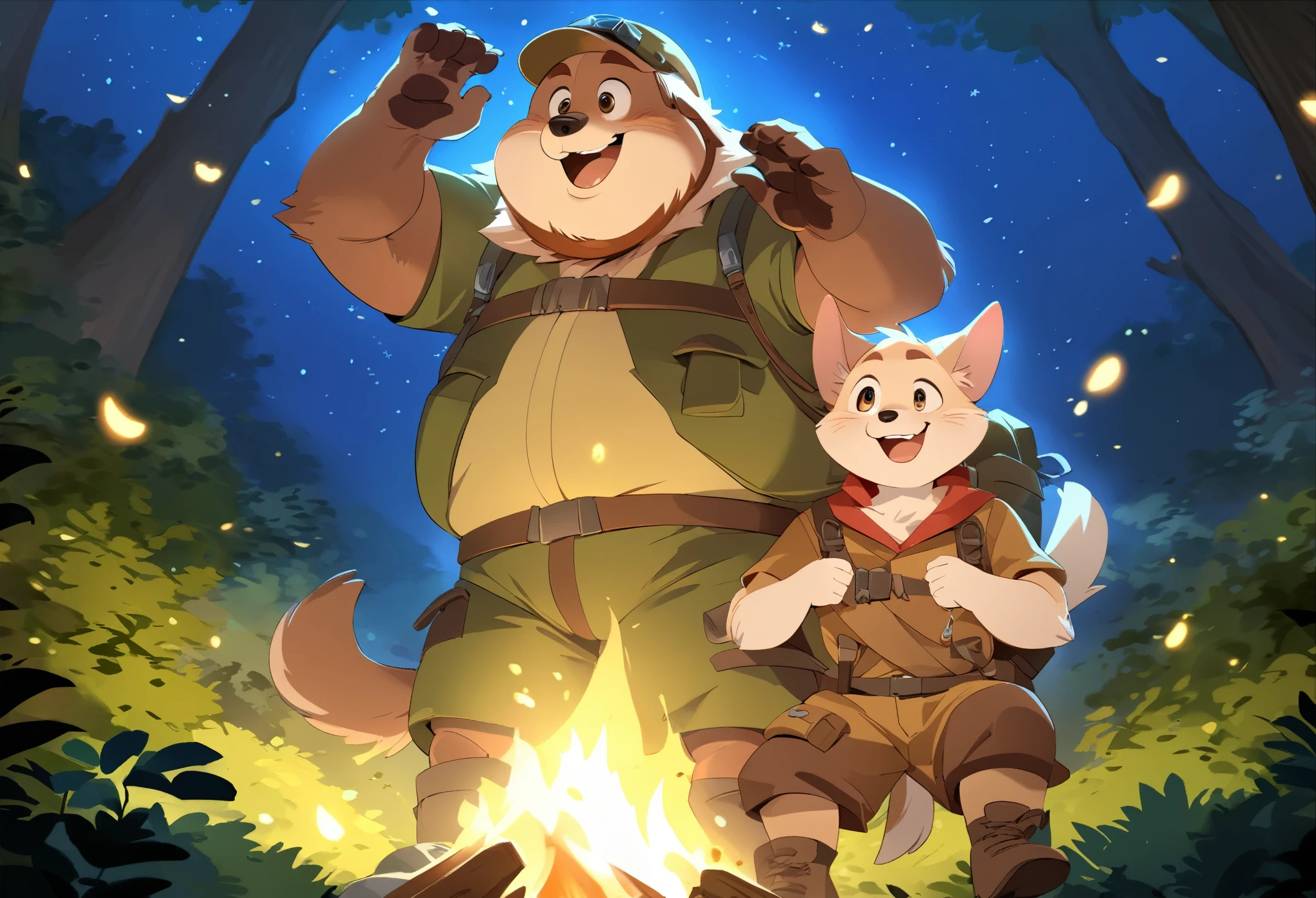 anthro, kemono, male, duo, ((round face, very plump face, thick beard)), ((endomorph body type, old-aged)), ((adventure costume:1.5)), ((domestic dog, dog) fluffy fur, fluffy), (at magical forest), (nighttime), (camping with his grandson, enjoy the nightsky), campfire, fireflies, particle lighting, detailed background, (high quality, highres, masterpiece), (dynamic lighting, vivid color), (happy, joyful, enjoyablelift-eyebrow), wholesome scene, (dynamic pose), cartoon, (animaginexl:1.3), (low-angle view:1.2)