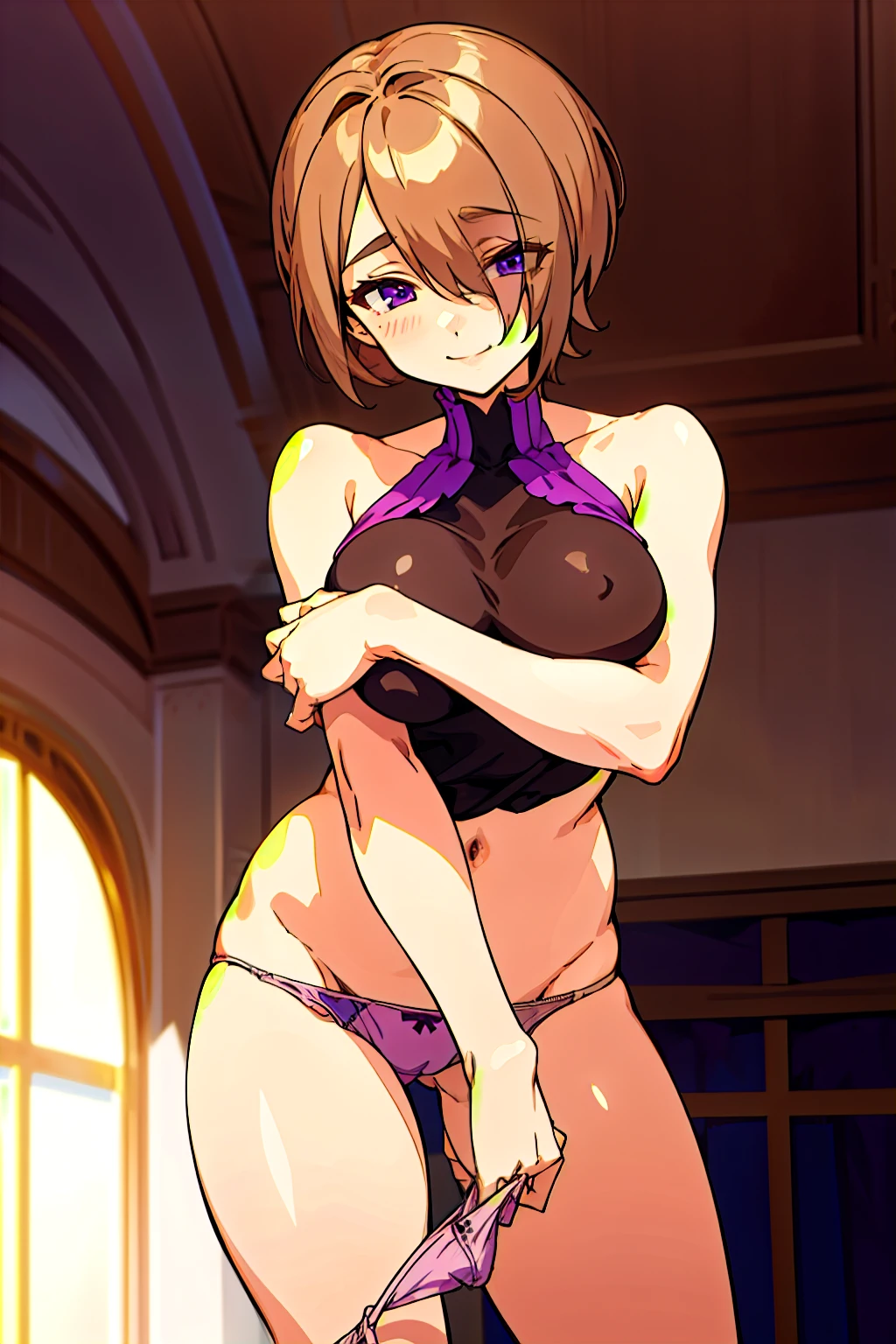 masterpiece,best quality,1girl,breasts,smile,short hair,brown hair,light brown hair,purple eyes,hair over one eye,breast,one strand hair presentingpanties,panties, holding,holding panties