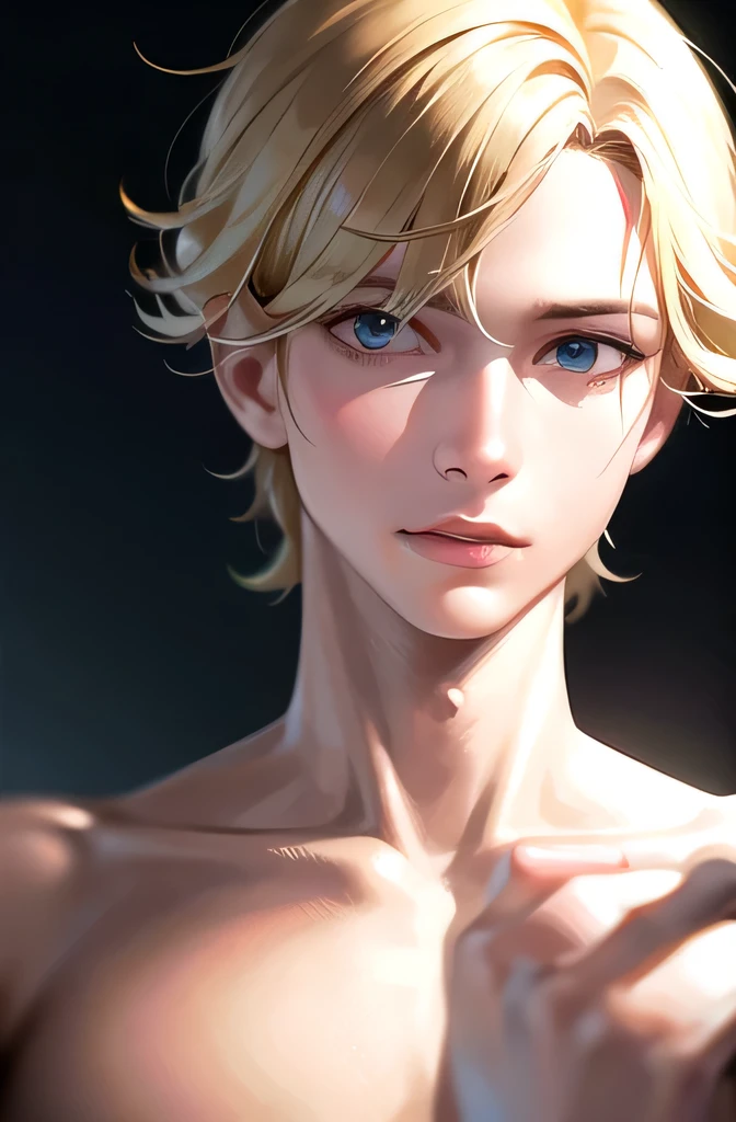 Male, slim, Cute, bright eyes, Short blond hair, in your bedroom, looks at the viewer, shy, brief, naked male, upper body image, portrait, ass
