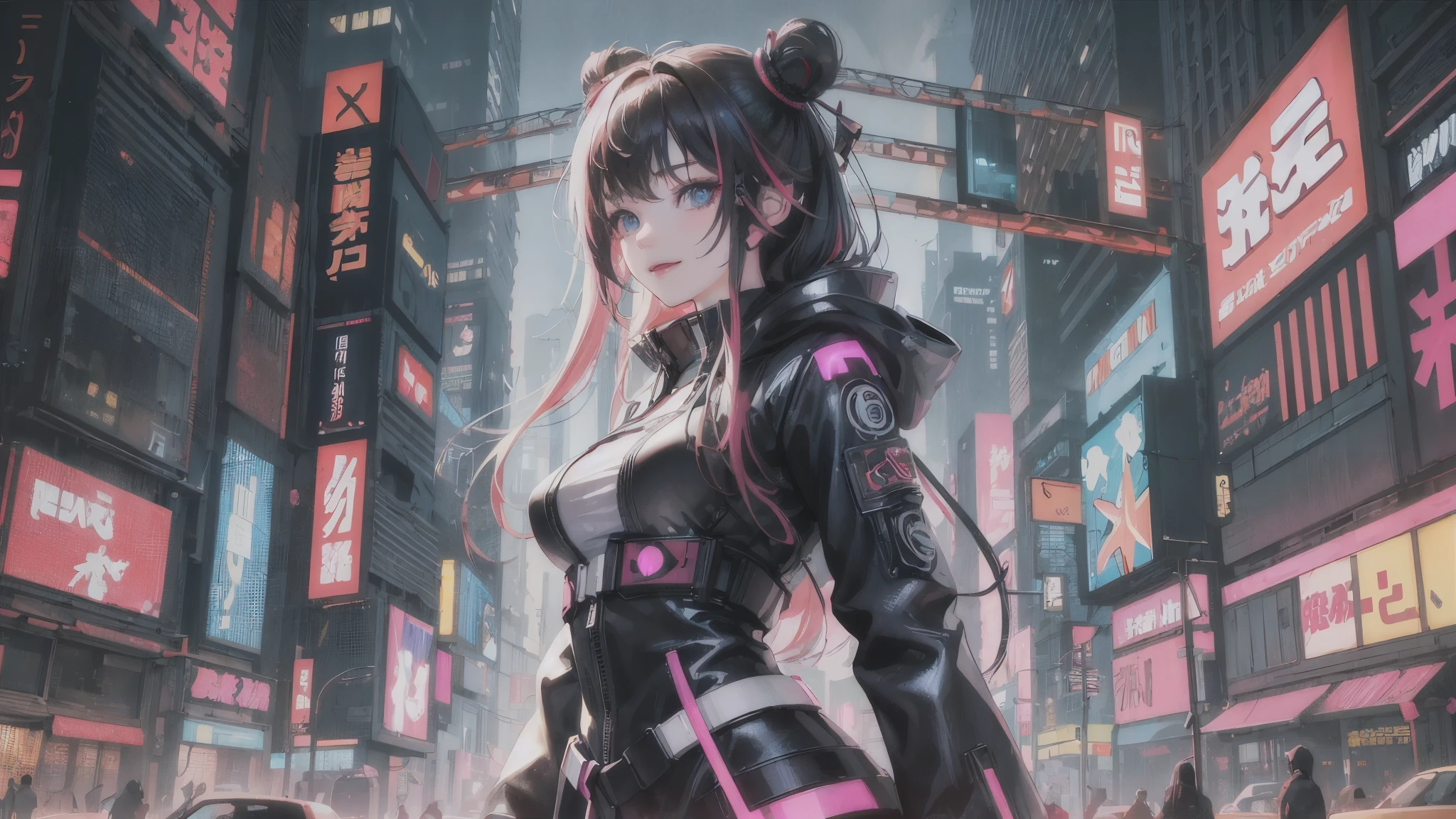 (1 girl)、(voluptuous beauty)、(30 years old)、(very long white hair)、(best image quality)、(8K quality)、(cyberpunk)、(table top)、 (flickering of light)、(Wear a cyberpunk-style hooded military uniform)、(confident smile:1.2)、(eyepatch)、(full body photo)、cinematic light, cinema shadow, clear image, very detailed, Volume measurement, bright sprites, particle effects, beautiful effect, Bright colors, neon, (neonライト:1.5), very detailed画像テクスチャ, fine hair, detailed face, fine eyes, full body photo, city、black hair、eyes shine、Glowing red aura、Photo from above the knees、beautiful effect, Bright colors, very detailed画像テクスチャ, fine hair, fine eyes,(Cyberpunk cityscape at night:1.5)、