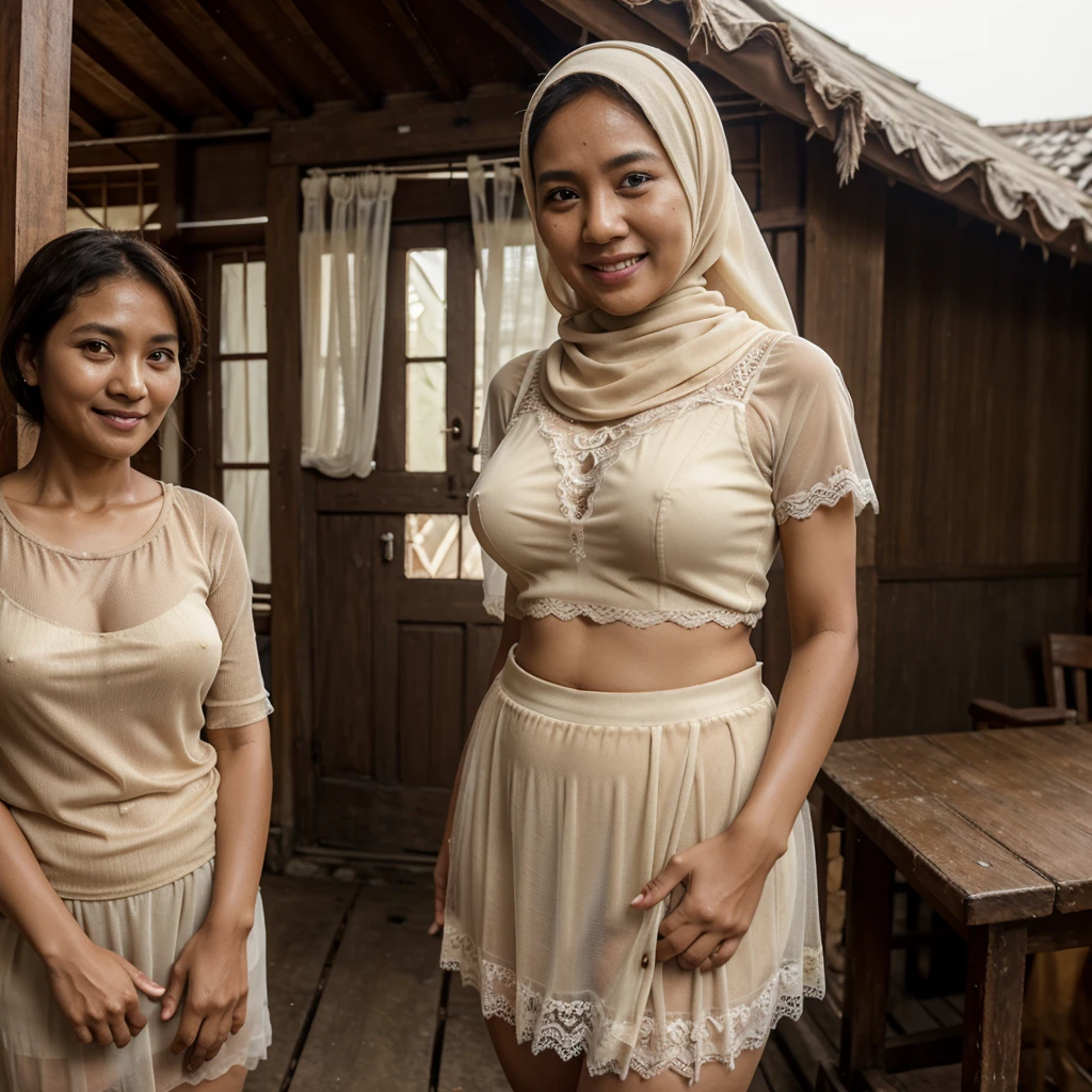 A 52 years old Indonesian woman in cream color hijab, wearing cream color bra, wearing very short see-through cream color lace skirt, skirtlift, villager, poor woman, darker skin, curvier body, short body, smiling and standing alone in an old wooden house, look to the viewer with eye close