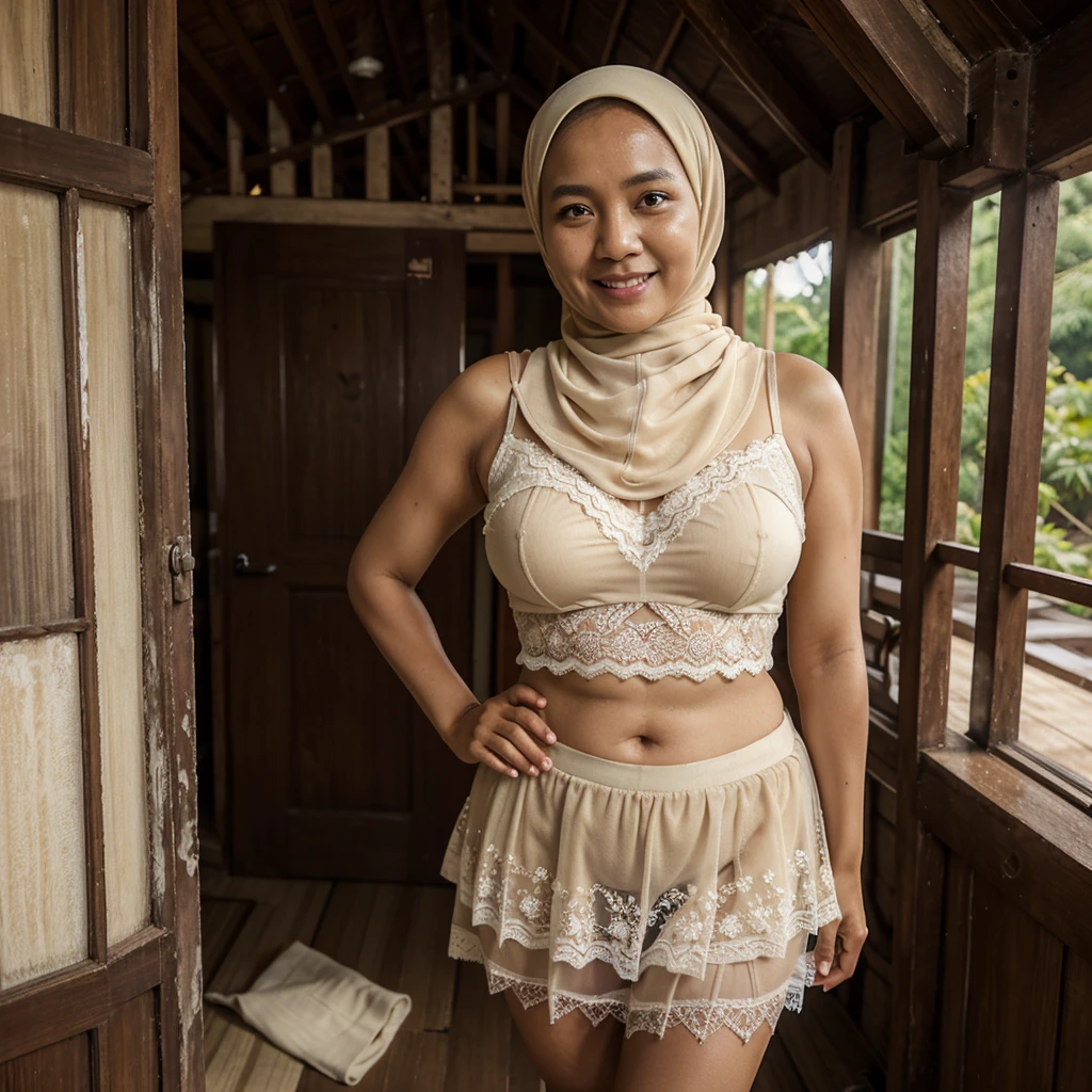 A 52 years old Indonesian woman in cream color hijab, wearing cream color bra, wearing very short see-through cream color lace skirt, skirtlift, villager, poor woman, darker skin, curvier body, short body, smiling and standing alone in an old wooden house, look to the viewer with eye close