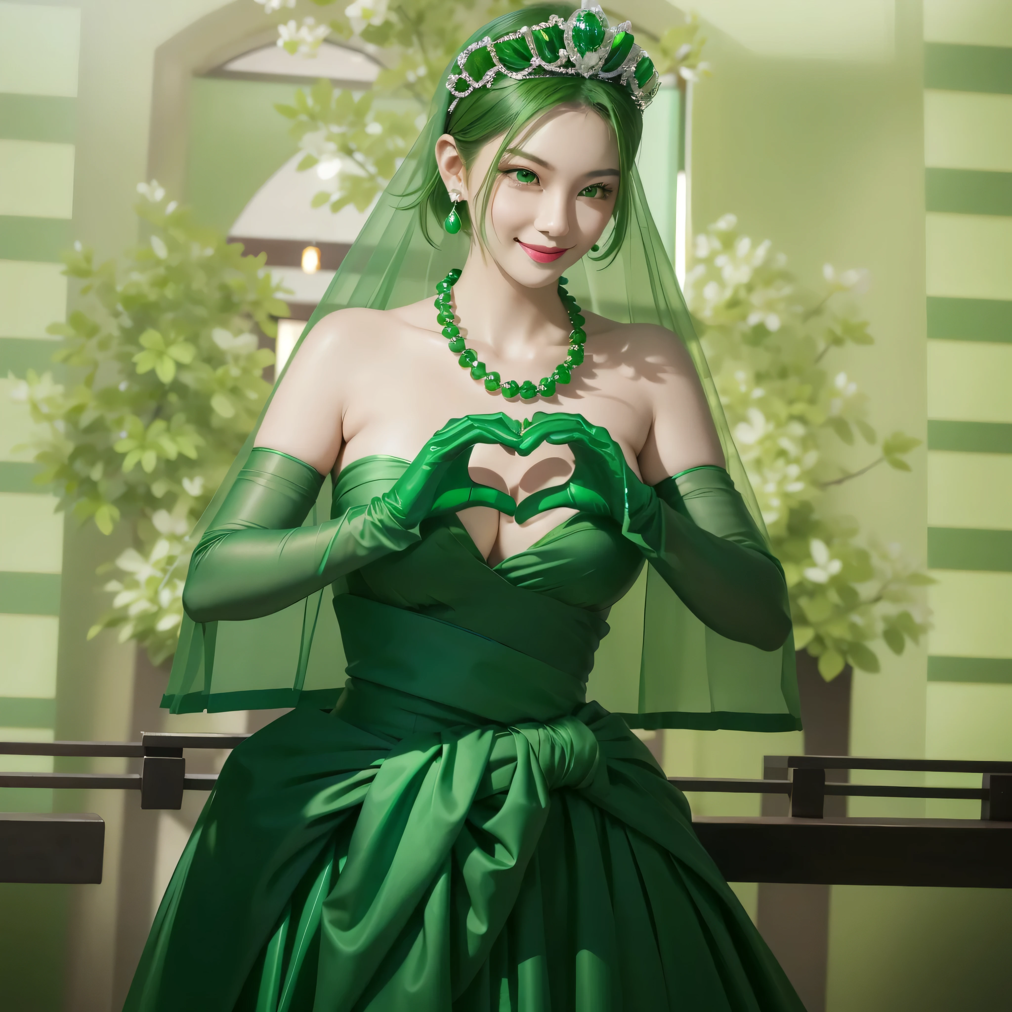 emerald tiara, green pearl necklace, boyish very short green hair, green lips, smiling Japanese woman, very short hair, Beautiful woman with big breasts, green eyes, green satin long gloves, green eyes, emerald earrings, green veil, Heart with both hands, green hair, beautiful japanese woman, heart shaped hands:1.3, green lip gloss