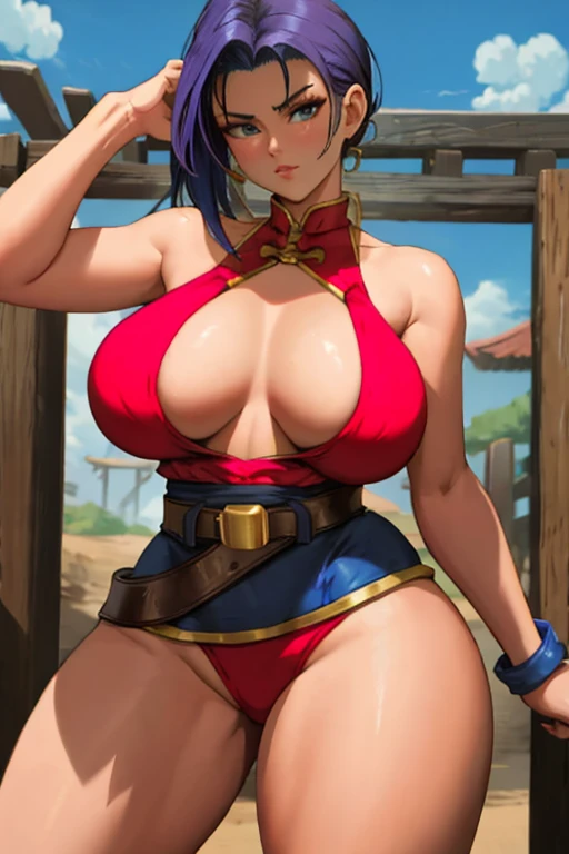 Chunli,From Street Fighter,(big breasts:1.5),dynamic pose, Her breasts completely spread wide open,big breasts,super perfect body curve,S-shaped body,anime waifu (18-year-old)-Hot Daddy-Flirty-Body Language, fit figure, Bad Laugh,gorgeous perfect face, Realistic style and highly detailed rendering, surrealism,cute, Zubrush, super realistic oil, Contour shadow processing - (waiting to start)