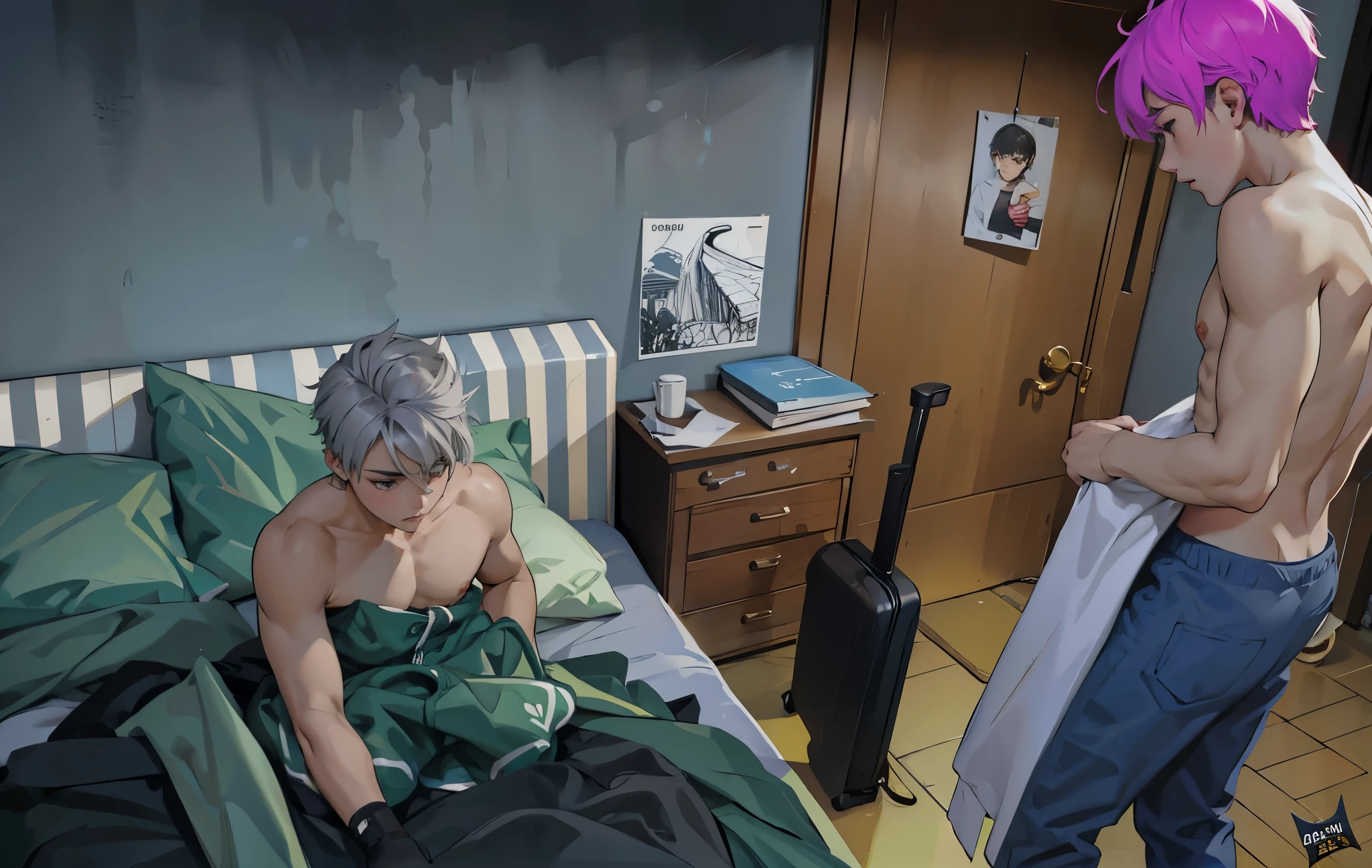 hay dos chicos uno sentado y el otro de pie sin camisa cabello gris cabello morado