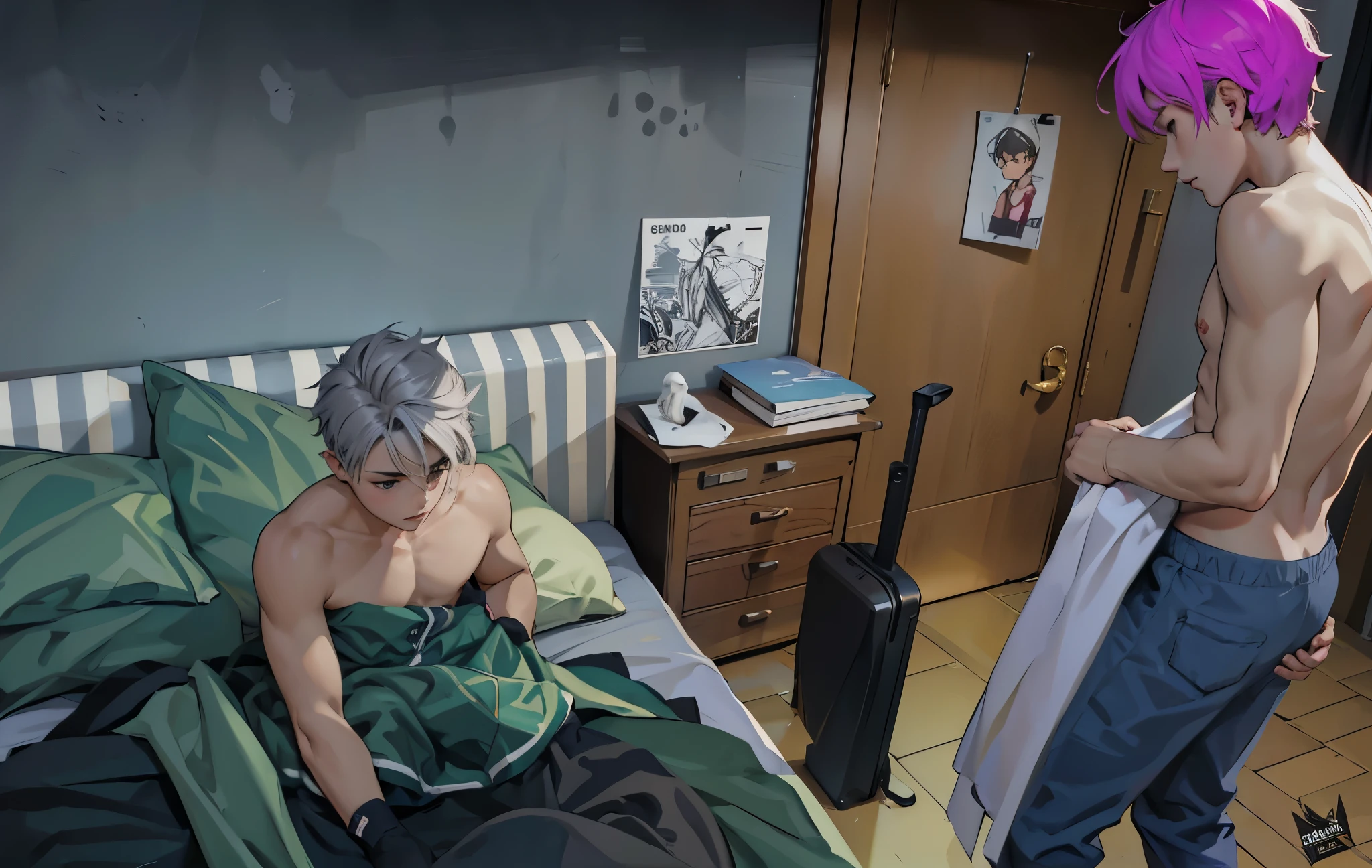 hay dos chicos uno sentado y el otro de pie sin camisa cabello gris cabello morado