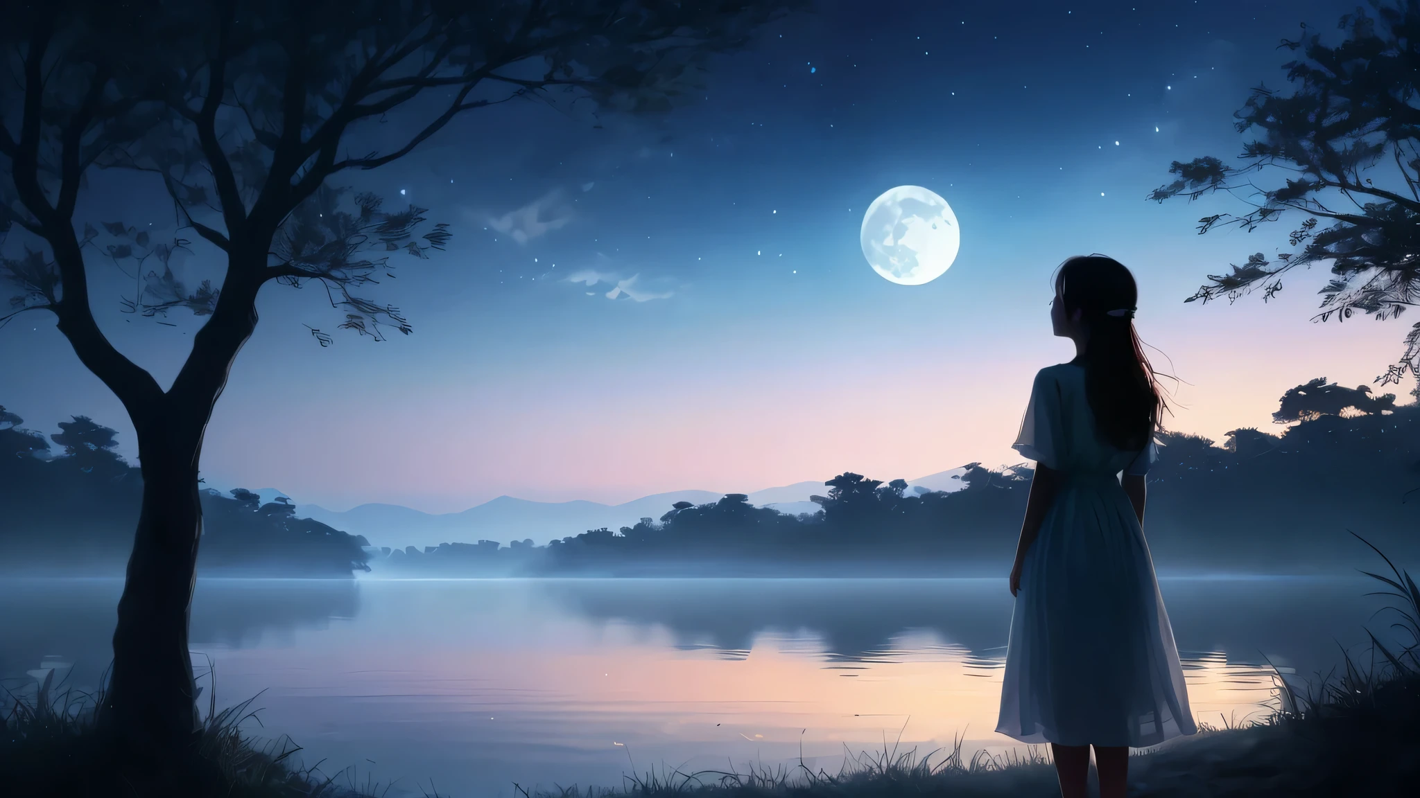 there is a woman standing in the grass looking at the moon, calm night. digital illustration, beautiful moonlight night, Fantastic atmosphere on a moonlit night, background artwork, moonlight background, beautiful moonlight, looking at the full moon, standing in the moonlight, shine of moonlight, looking at the moon, twilight ; digital painting, beautiful wallpaper, the moon behind her, Soft moonlight lighting