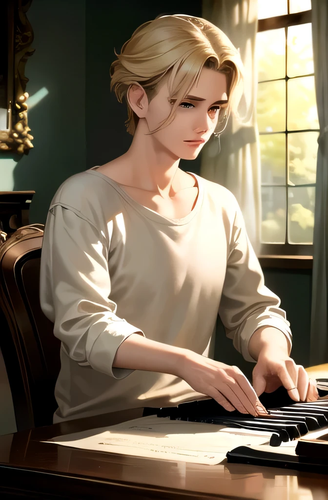 (best quality,4k,8k,highres,masterpiece:1.2), ultra-detailed, (realistic,photorealistic,photo-realistic:1.37), a young blond man playing the piano with blue eyes, wearing a long white shirt that resembles Leonardo DiCaprio, grand piano, elegant posture, gentle expression, soft natural lighting, beautiful musical notes floating in the air, peaceful atmosphere, classical music, vintage aesthetic, subtle sepia tone, exquisite wood texture on the piano, intricate piano keys, harmonious composition, intricate hand movements, serene background with a window overlooking a lush garden, soft breeze caressing the curtains, delicate shadows of tree branches dancing on the walls, magnificent details captured in every stroke, timeless elegance.
