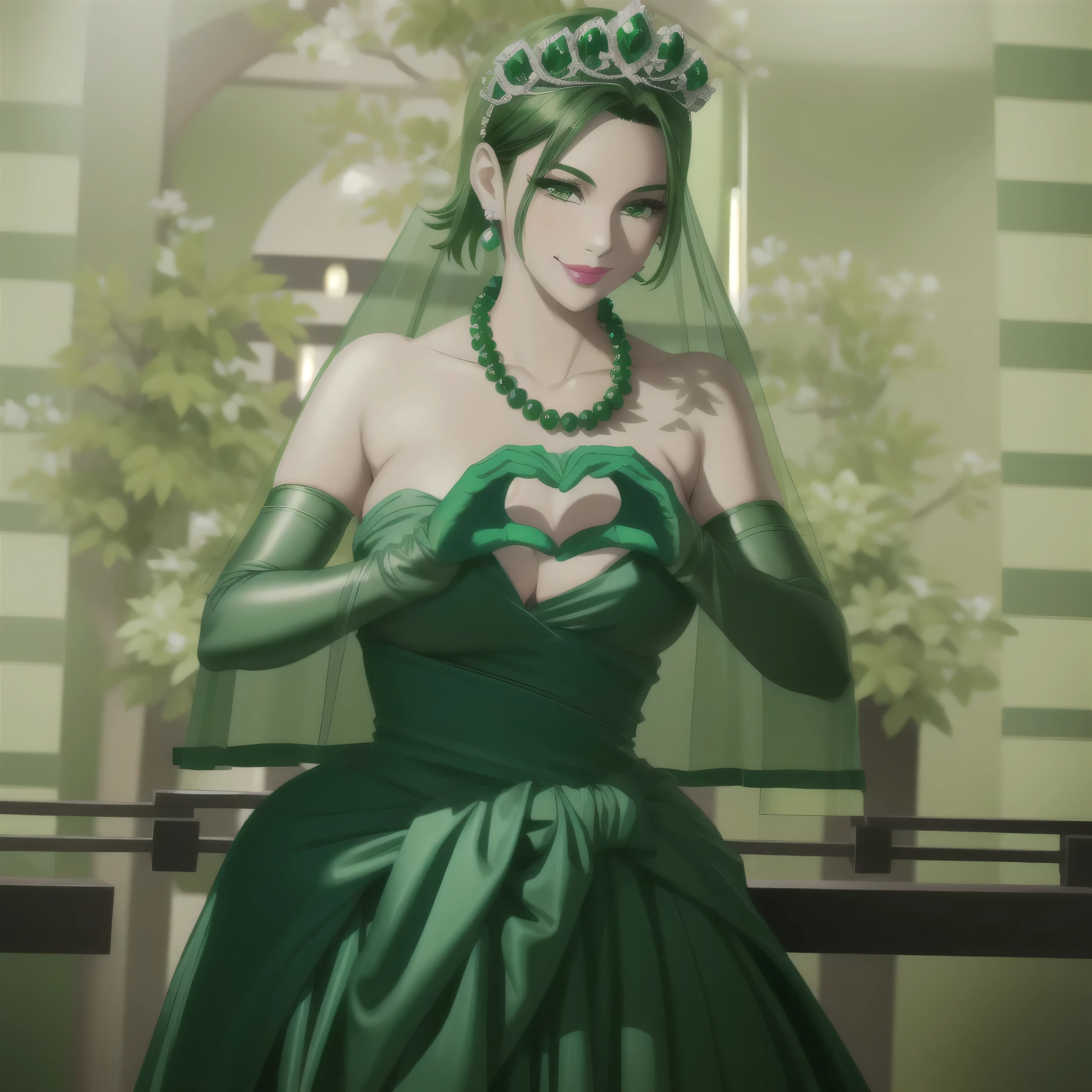 emerald tiara, green pearl necklace, boyish very short green hair, green lips, smiling Japanese woman, very short hair, Beautiful woman with , green eyes, green satin long gloves, green eyes, emerald earrings, green veil, Heart with both hands, green hair, beautiful japanese woman, heart shaped hands:1.3, green lip gloss