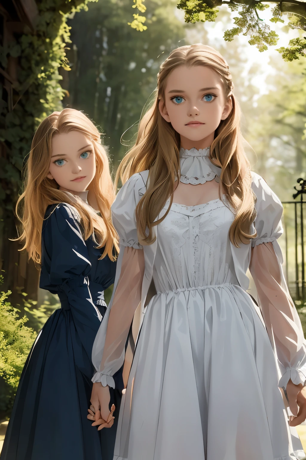 wide angle, detailed reproduction of a forest surrounded by fog up to a height of one meter. clear starry sky with a big full moon, bare trees, winter, two girls, (Virginia Otis, (blond hair, blue eyes)) pose with (16 years oldald (blond hair, green eyes)). Victorian style. thin, cute face, walks at night in Canterville Castle (inspired by the novel The Canterville Ghost). aged 1887, Victorian fantasy
