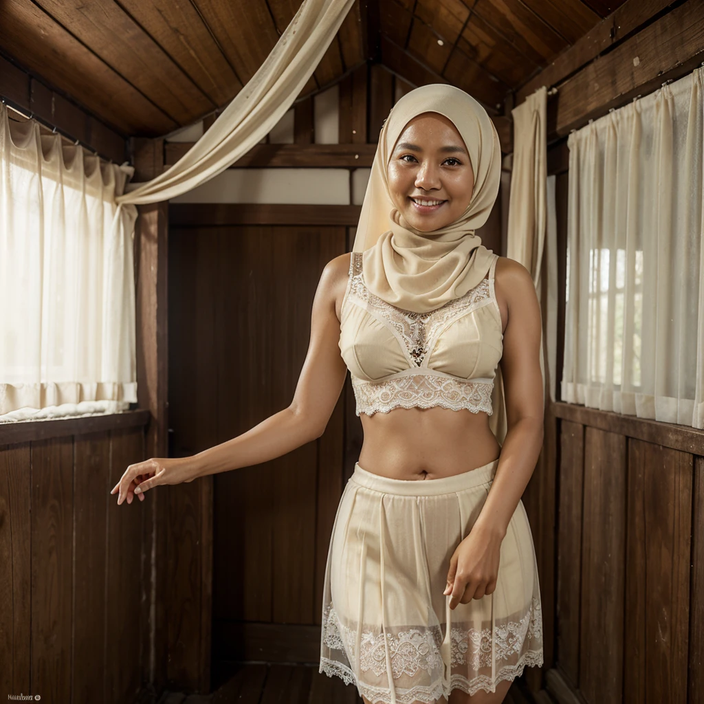 A 52 years old Indonesian woman in cream color hijab, wearing cream color bra, wearing very short see-through cream color lace skirt, skirtlift, villager, poor woman, darker skin, curvier body, short body, smiling and standing alone in an old wooden house, look to the viewer with eye close