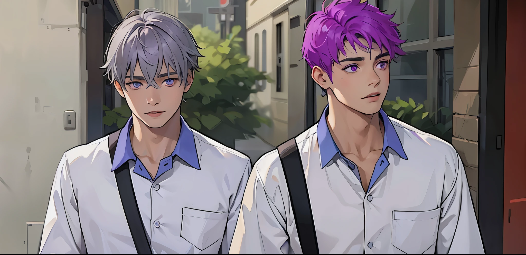 There are two 16 year old boys at school with big gray eyes and the other with purple eyes.