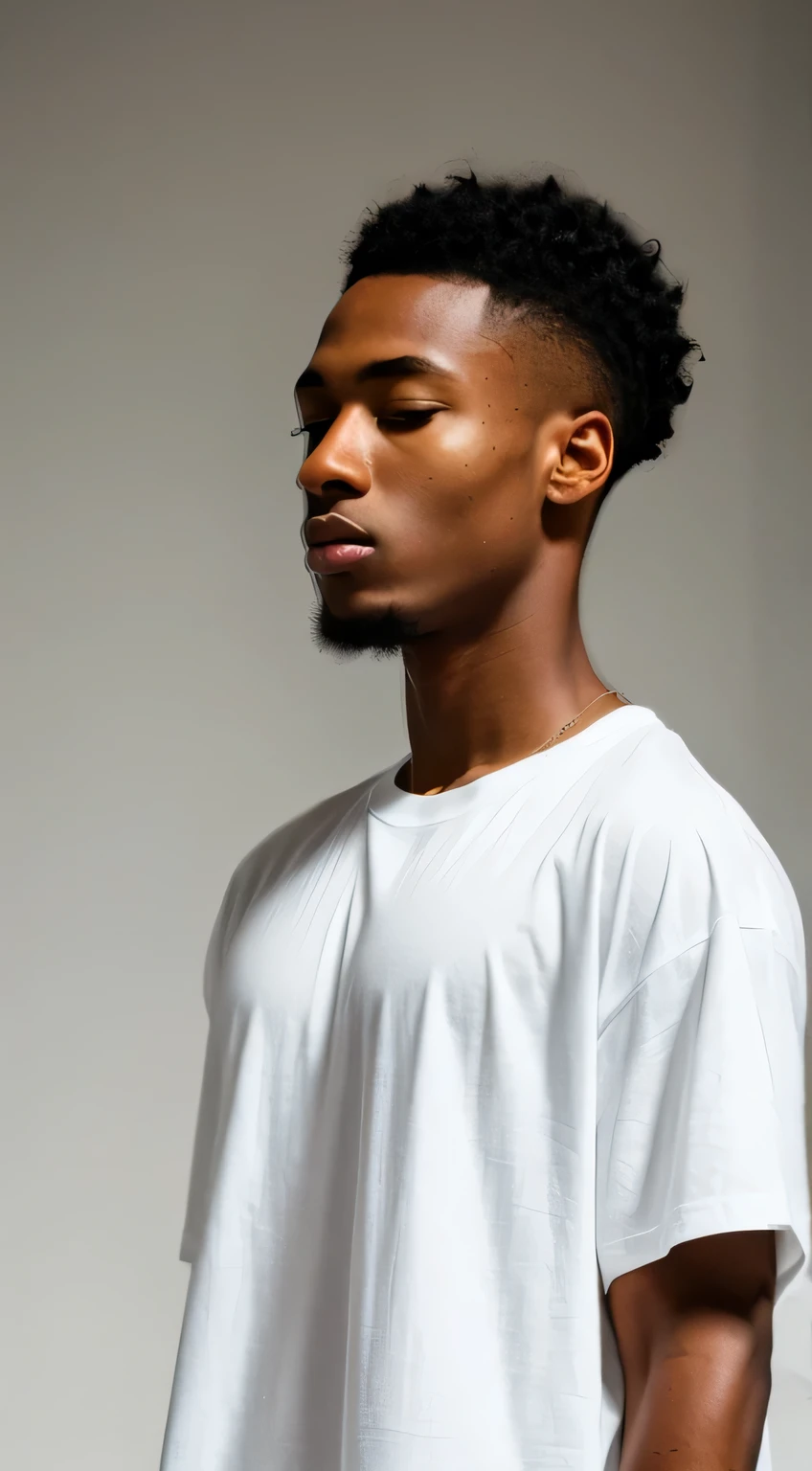 black model wears white solid oversized t-shirt, Produce a visually stunning and hyper-realistic banner image with top-notch quality, Pay meticulous attention to full skin details on the model to enhance the realistic aesthetic. The final output should be in 4K resolution and tailored specifically for a streetwear store front banner, meeting the highest standards of quality and appeal.