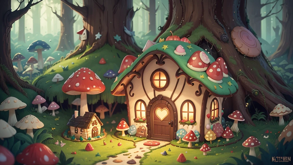 mushroom forest，Brooch, ceramic, Fairytale gingerbread house with strawberries cream jelly beans, stars, hearts, more detailed, KATHY RUTTENBERG, Michael Deforge, whimsical, pop surrealism