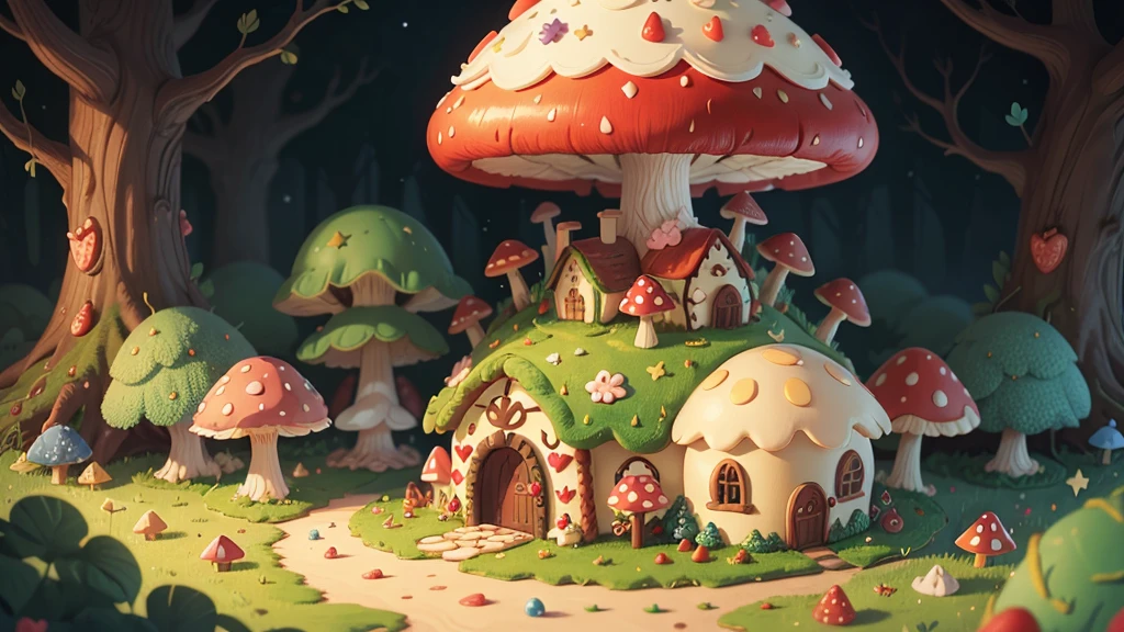 mushroom forest,Brooch, ceramic, Fairytale gingerbread house with strawberries cream jelly beans, stars, hearts, more detailed, KATHY RUTTENBERG, Michael Deforge, whimsical, pop surrealism