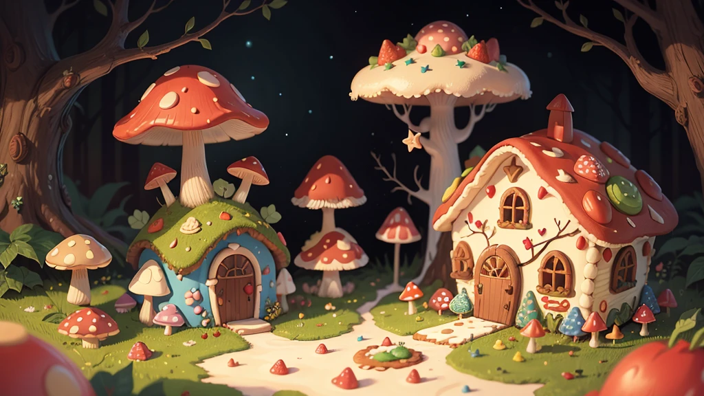 mushroom forest,Brooch, ceramic, Fairytale gingerbread house with strawberries cream jelly beans, stars, hearts, more detailed, KATHY RUTTENBERG, Michael Deforge, whimsical, pop surrealism