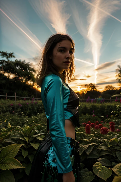 Eine sexy junge Frau, 28 Jahre alt, wandering through a utopian jungle world, colorful shining sky at dusk, phosphorisierende riesiege Pflanzen, bioluminiszierende tiere