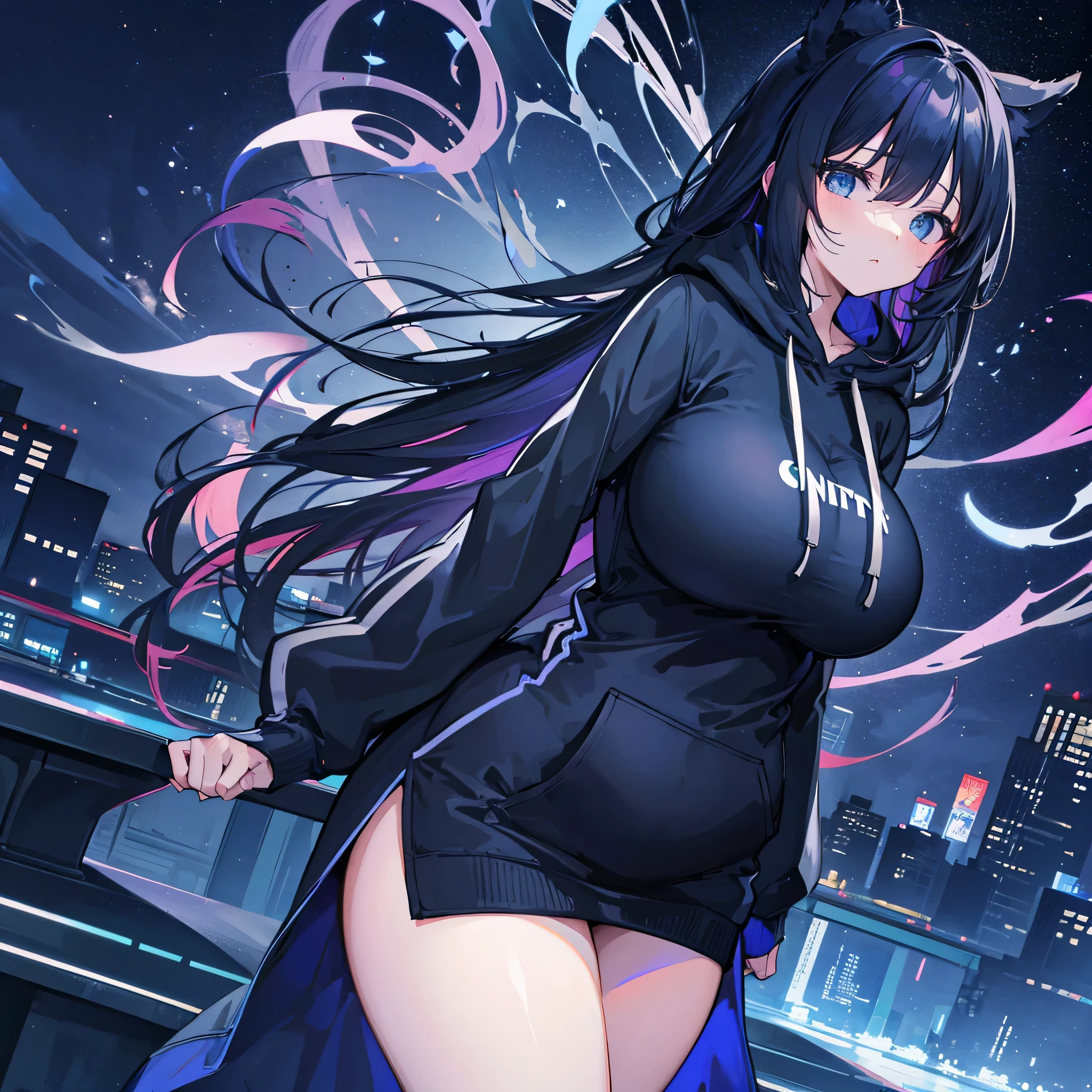 1girl, dark purple long hair, pale, dark purple eyes, big breasts, fennec fox ears, fox tail, white hoodie, no pants, black panties, city, standing up, looking at viewer, absurdres, high res, ultrasharp, 8K, masterpiece