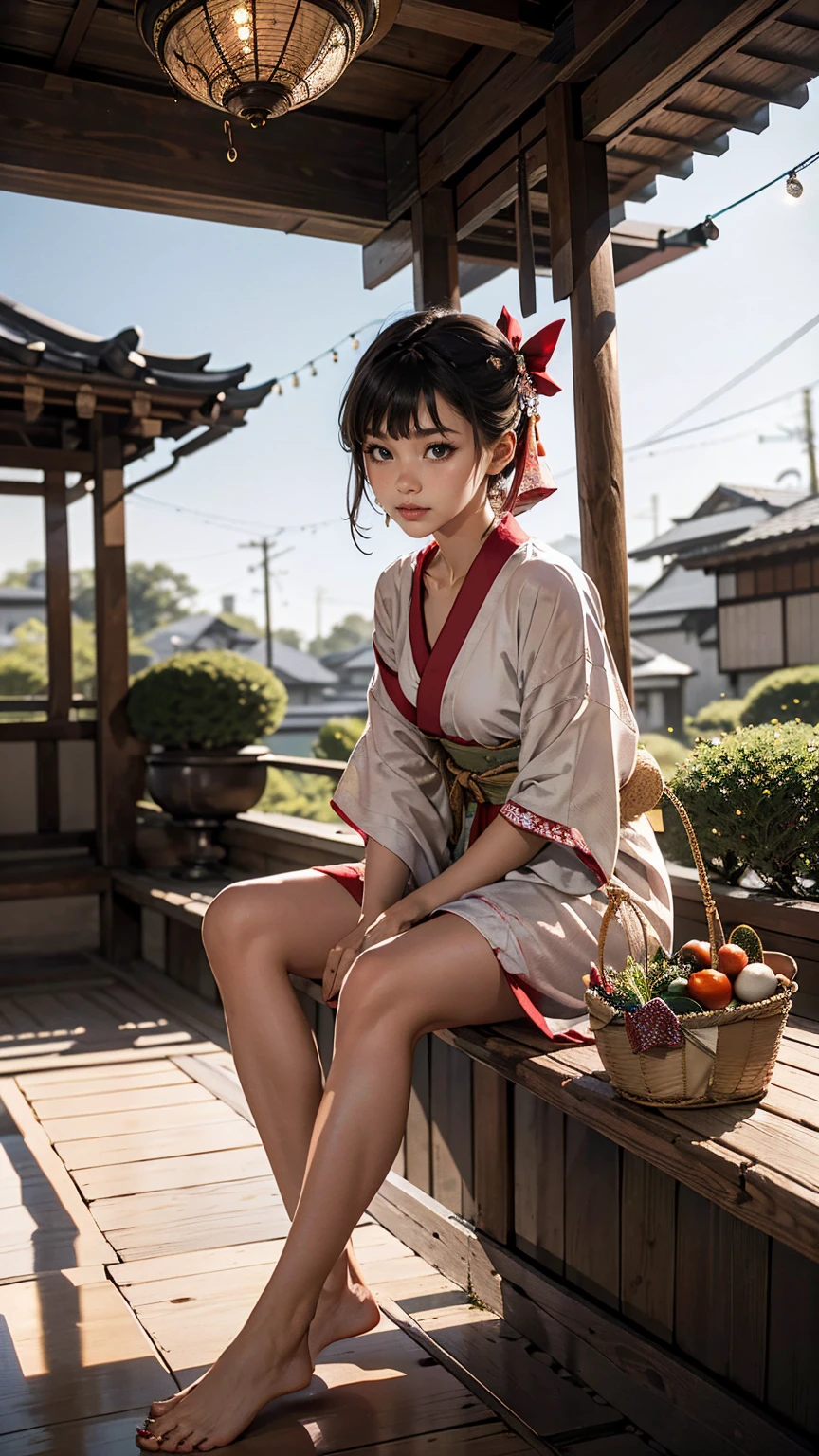 ((最high quality, 8K, masterpiece: 1.3, Ultra HD, high quality, 最high quality, High resolution, realism)) 、A stunningly beautiful 22-year-old Japanese woman、hair color is black、black eye、medium hair、straight hair、smile、Slender but well-proportioned muscular body、Athlete-like body type、I don't want my head to disappear from the screen.、Wearing accessories on your wrist、Wearing red nail polish、I have a peticure、Sitting on the veranda of a Japanese house in the Japanese countryside、It's summer、A wind chime is hung in front of the eaves.、barefoot、There is a basket full of tomatoes and carrots on the veranda.、The basket is made of woven bamboo strips、A courtyard spreads out in front of the verandah.、There is a well with a hand pump in the courtyard.、wear a yukata、hair band((hair ribbon))