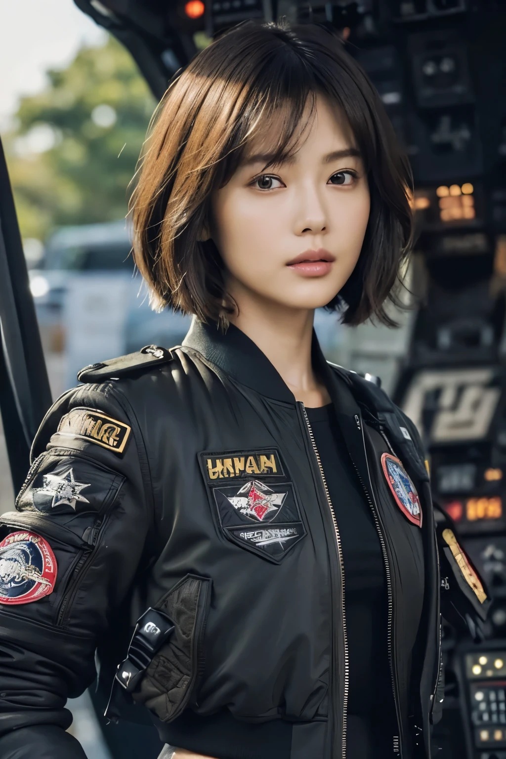 (masterpiece:1.2), super detailed, ultra high resolution, (realistic, photo realistic:1.37), High-definition RAW color photos, professional photos, highly detailed face, very fine eyes, highly detailed skin, very fine fingers, highly detailed nose, highly detailed mouth, perfect anatomy, highly detailed background, (famous japanese actress:1.2), (Improve:1.25), flat chest, Brown people, black skin, blonde hair, Very short cut hair, (He wears a black air bomber jacket with many patches on it., cargo pants:1.3), (Fighter cockpit:1.6), (NSFW:1.2),